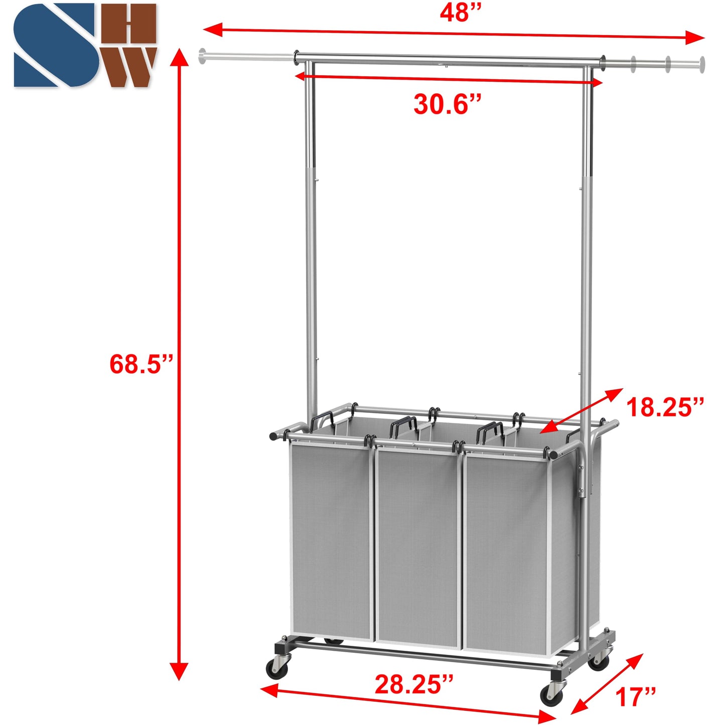 Simple Houseware 3 Bags Laundry Sorter with Extensible Clothes Hanging Rod