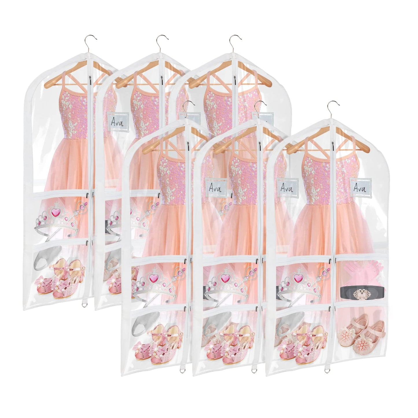 Univivi Clear PVC Dance Costume Bags (6 Pack) Garment Bag 40 Inch for Dance Competitions, with 4 Medium Clear Zipper Pockets and 1 Large Back Zippered Pocket [Upgraded Version] (40'' x 24'' 6 Pack)