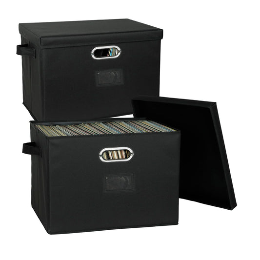 12-Inch Vinyl Record Storage Boxes with Lids and Handles, Stylish and Practical LP Record Organizer for 100+ Single Records, Suitable for Living Room, Study, Concert Hall or Office (17"-2 Pack-Fabric,