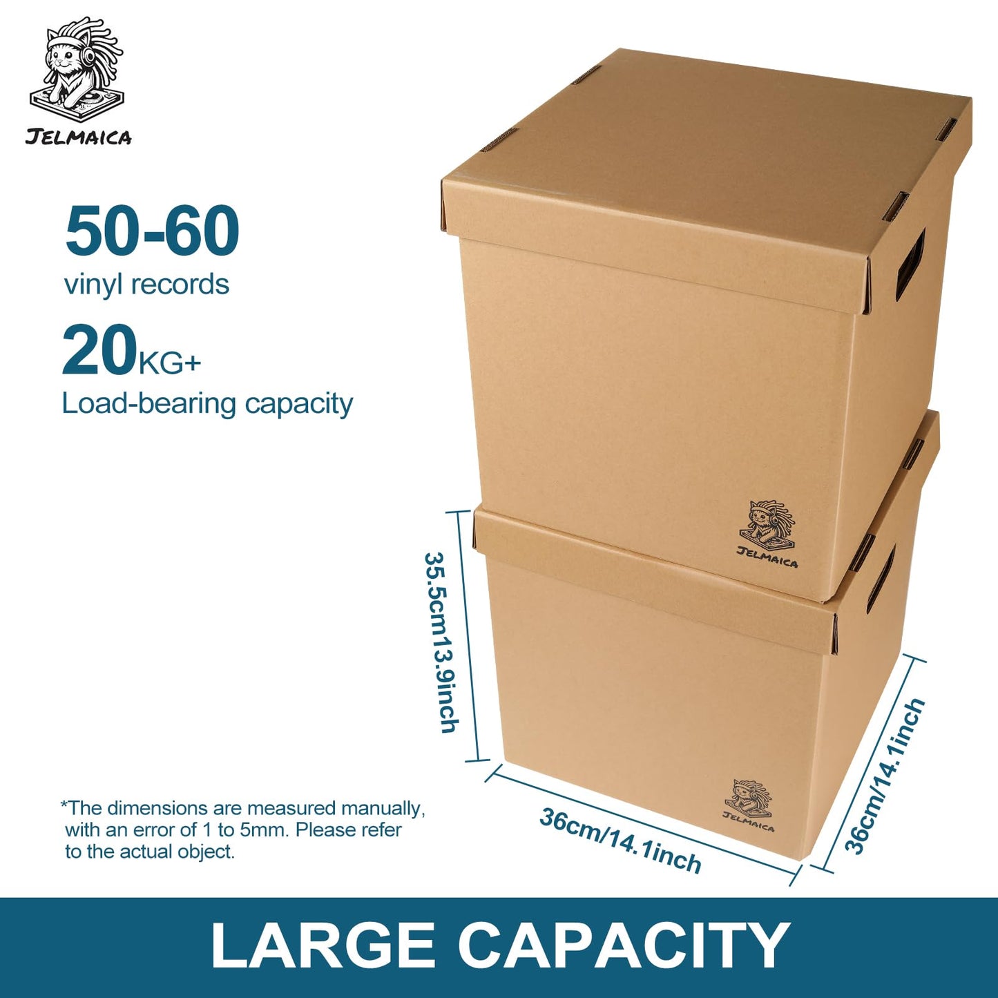 Jelmaica 12" Vinyl Record Storage and Moving Box - Sturdy Cardboard with Removable Lid - Holds up to 60 Records or Laser Discs - Set of 2 Boxes (2) (2)