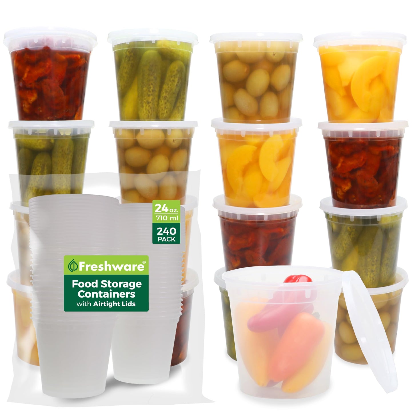 Freshware Food Storage Containers [240 Set] 24 oz Plastic Deli Containers with Lids, Slime, Soup, Meal Prep Containers | BPA Free | Stackable | Leakproof | Microwave/Dishwasher/Freezer Safe