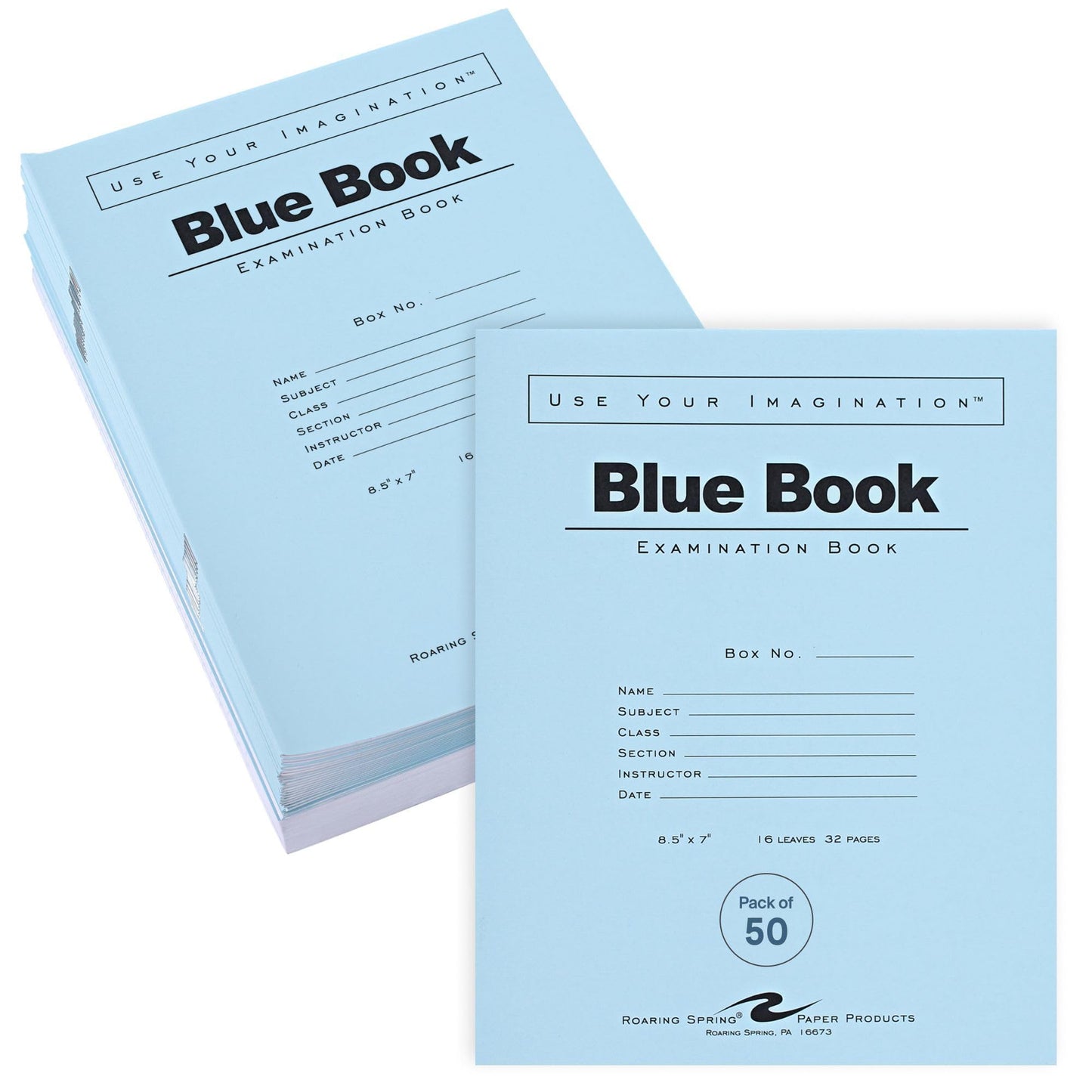 ROARING SPRING Exam Blue Books, 50 Pack, 8.5" x 7", 16 Sheets/32 Pages, Wide Ruled with Margin, Proudly Made in the USA