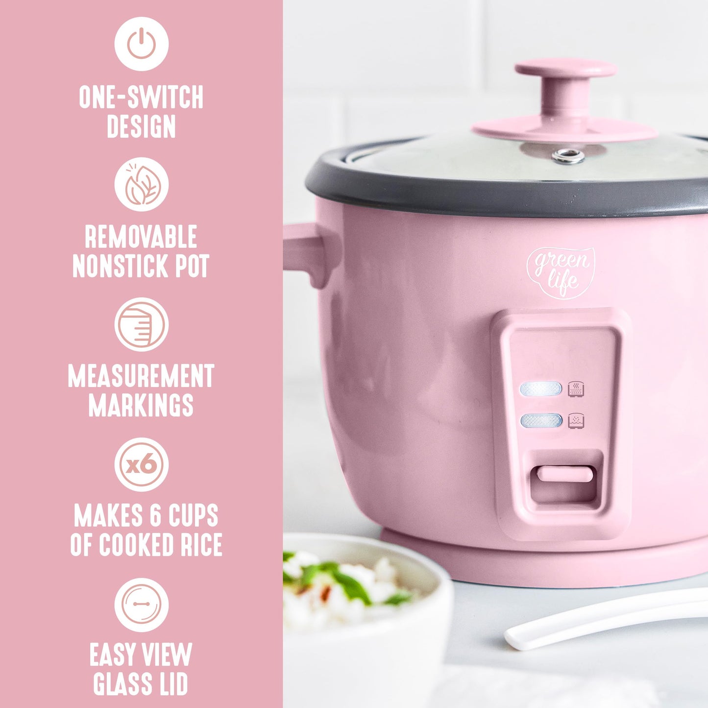 GreenLife Rice Cooker with Removable PFAS-Free Ceramic Nonstick Pot, 3-Cups Uncooked/6-Cups Cooked, Grains & Oatmeal Multicooker, Compact One-Switch Design, Auto Keep Warm, Easy Clean, Pink