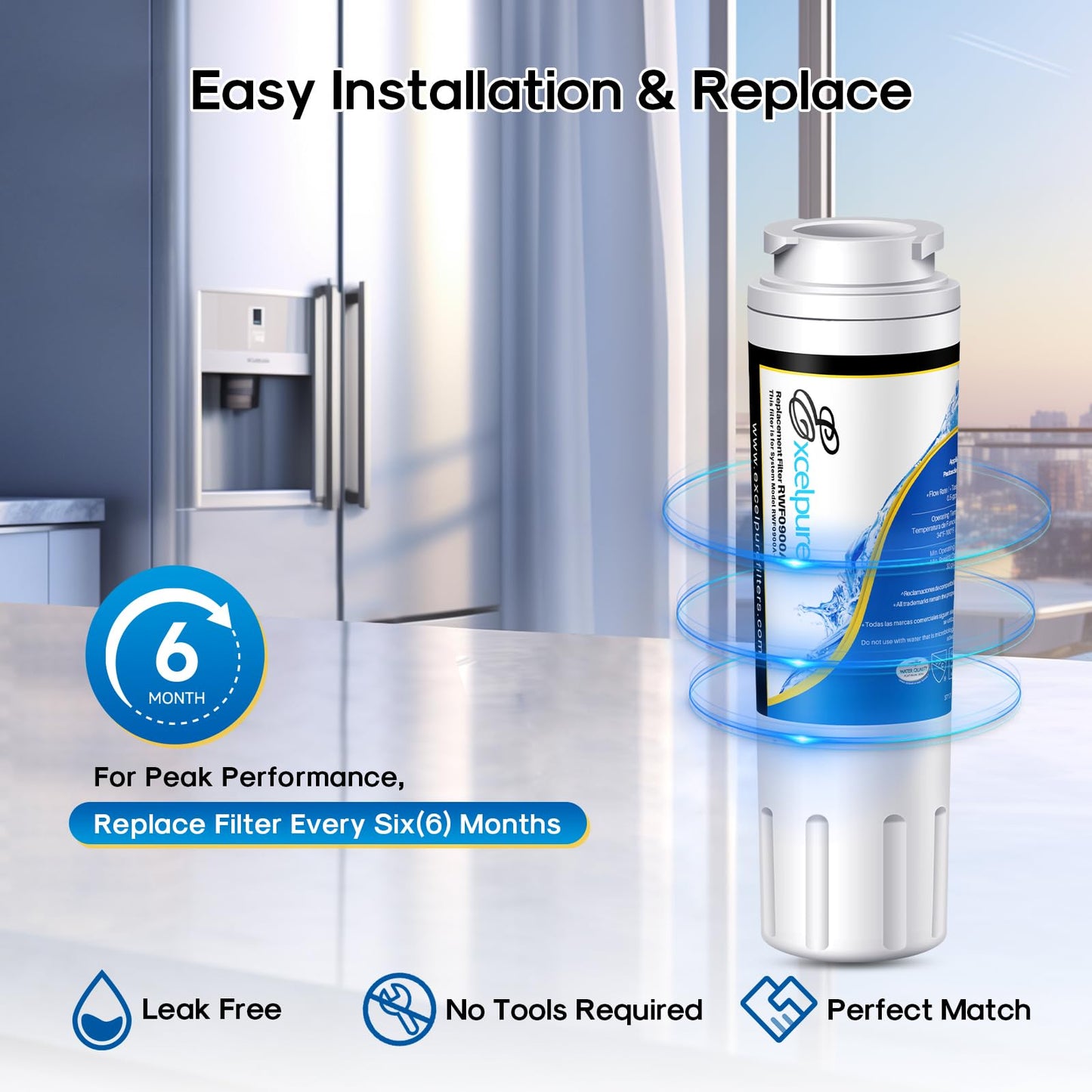 EXCELPURE UKF8001 Replacement for Whirlpool FILTER 4, EDR4RXD1, 4396395, WRX735SDBM00, RWF0900A, EFF-6007A, MFI2568AES, MFI2569VEM, RFC0900A, WF295, PURICLEAN II, Refrigerator Water Filter, 4PACK