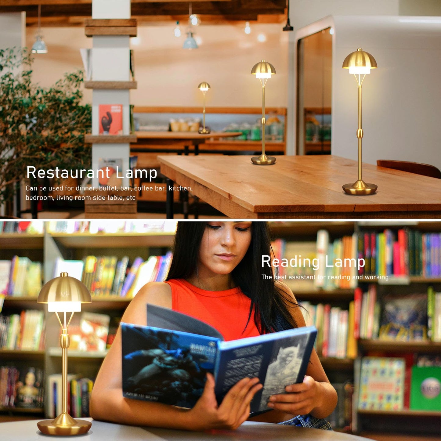 PSDSSHIIS Modern Table Lamp Cordless Portable Desk Lamp, 2700K Stepless Dimming Rechargeable Battery Operated LED Lights for Bedroom, USB-C Charging, Restaurant/Bar/Night Light/Gifts (Antique Brass)