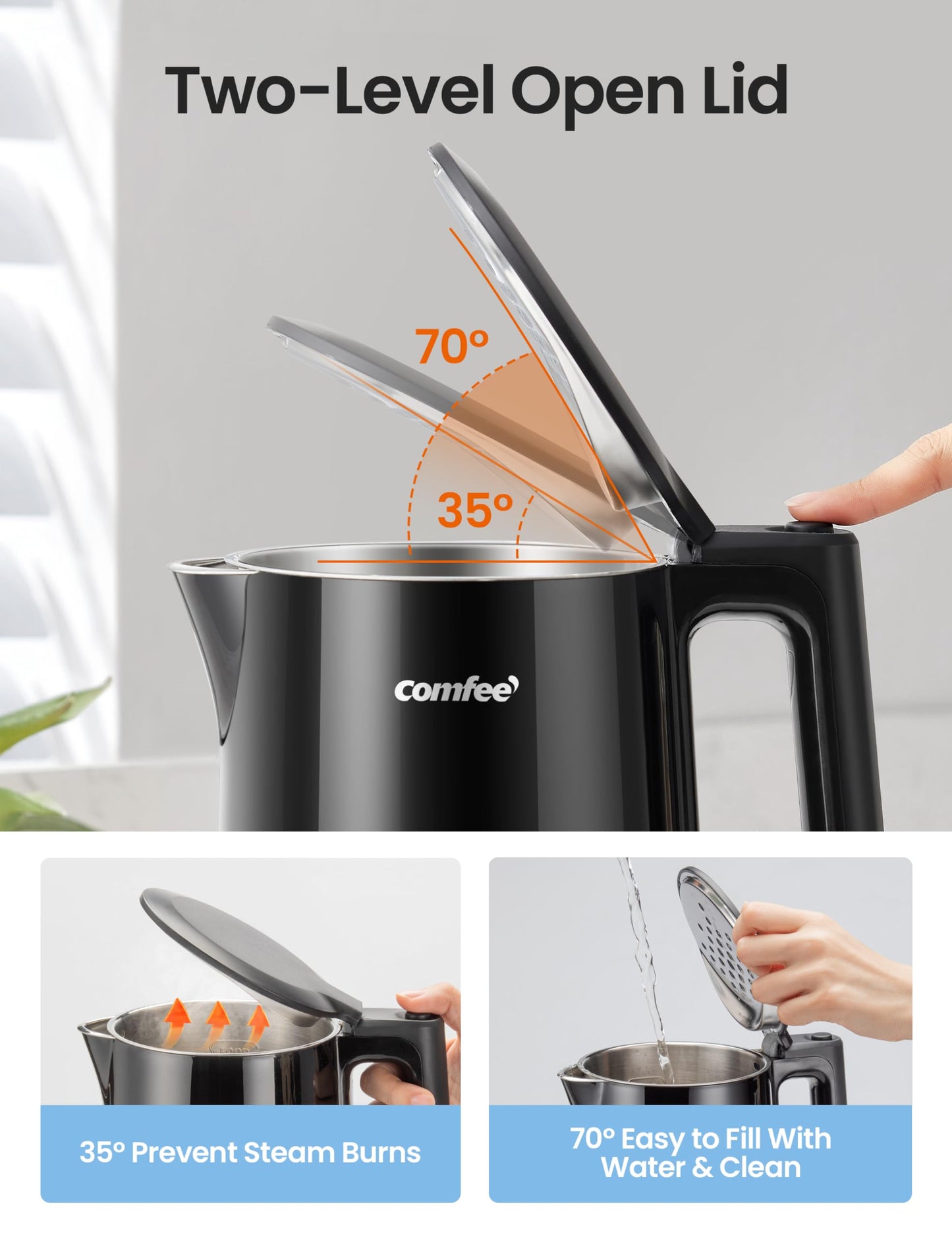 COMFEE' 1.7L Double Wall Electric Tea Kettle and Kettle Water Boiler, 100% Stainless Steel Interior & Lid & Spout, Two-Level Wide Open Lid, 1500W Fast Boiling, Auto-Off and Boil-Dry Protection