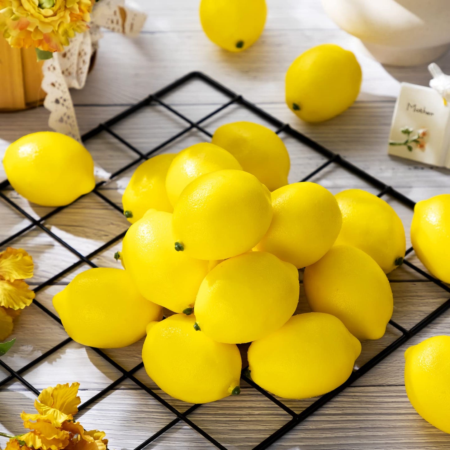 Cindeer Summer Fake Lemon Fake Fruit Faux Yellow Lemon Decor Lifelike Simulation Artificial Fruit for Party Table Kitchen Vase Filler Wreath Garland Photography Decoration(3.1 x 2.1 Inch,60 Pcs)
