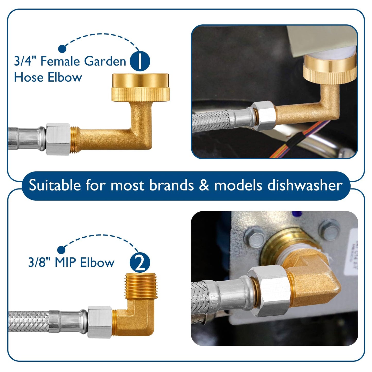 Dishwasher Installation Kit - 15 FT Stainless Steel Braided Dishwasher Hose kit,Food Grade PEX Inner Tube Water Line with 3/8"x 3/8"x 3/8" Tee Stop Valve,3/8"x 3/8"MIP Elbow,3/8"x 3/4"FHT Elbow
