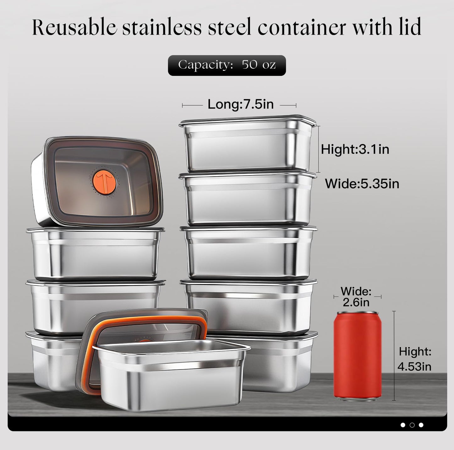ACTUKSX 10 Pack Stainless Steel Food Storage Containers with Airtight Lids, 50 Oz Each - Stackable, Leakproof Kitchen/Freezer Meal Prep Containers (Dishwasher Safe)