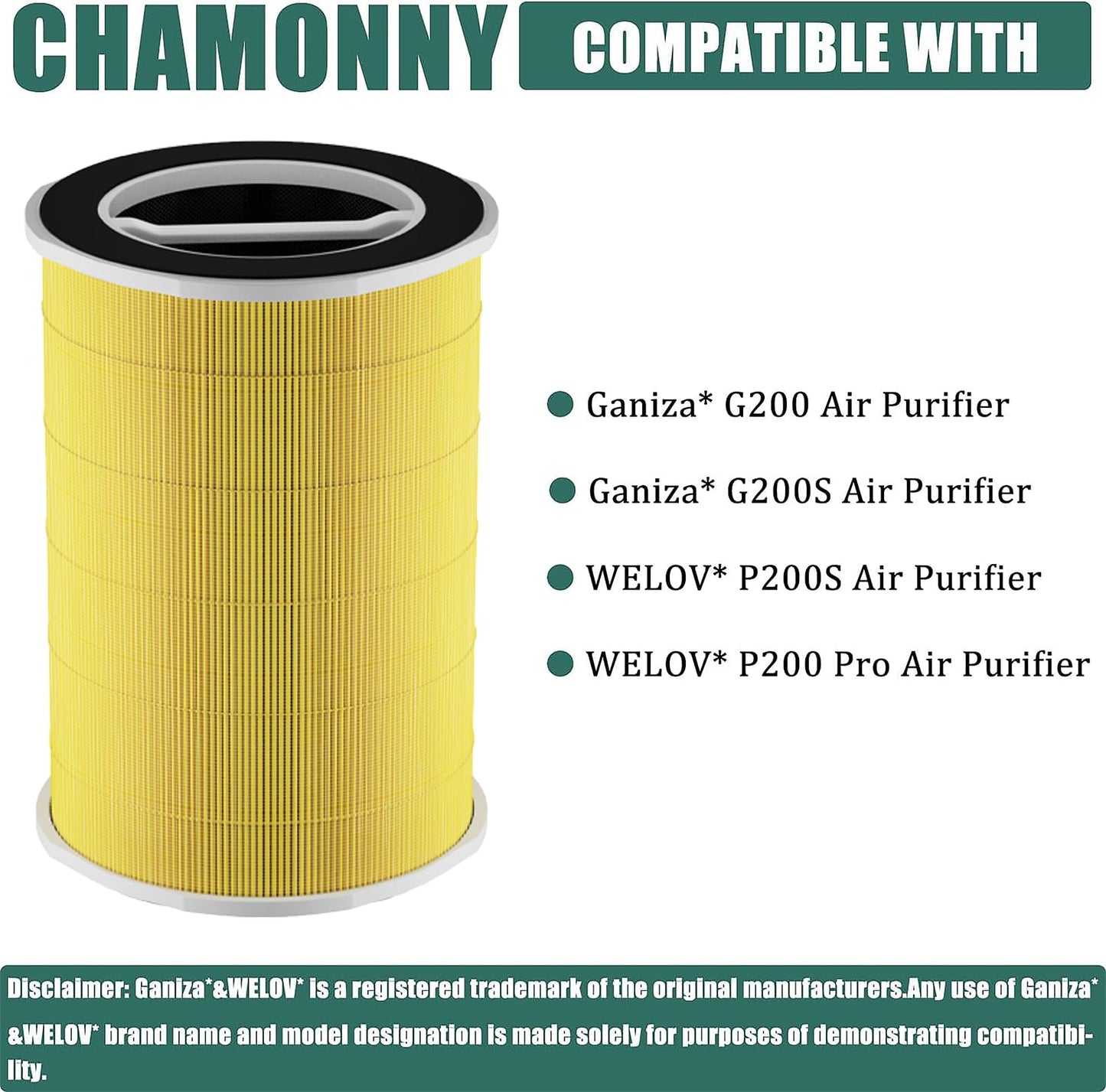 CHAMONNY P200S/P200 Pro Pet Care Filter Replcement, Compatible with WELOV P200S/P200 Pro Air Purifier, 3-in-1 H13 True HEPA Filter and Pre-Filter, 2 Pack