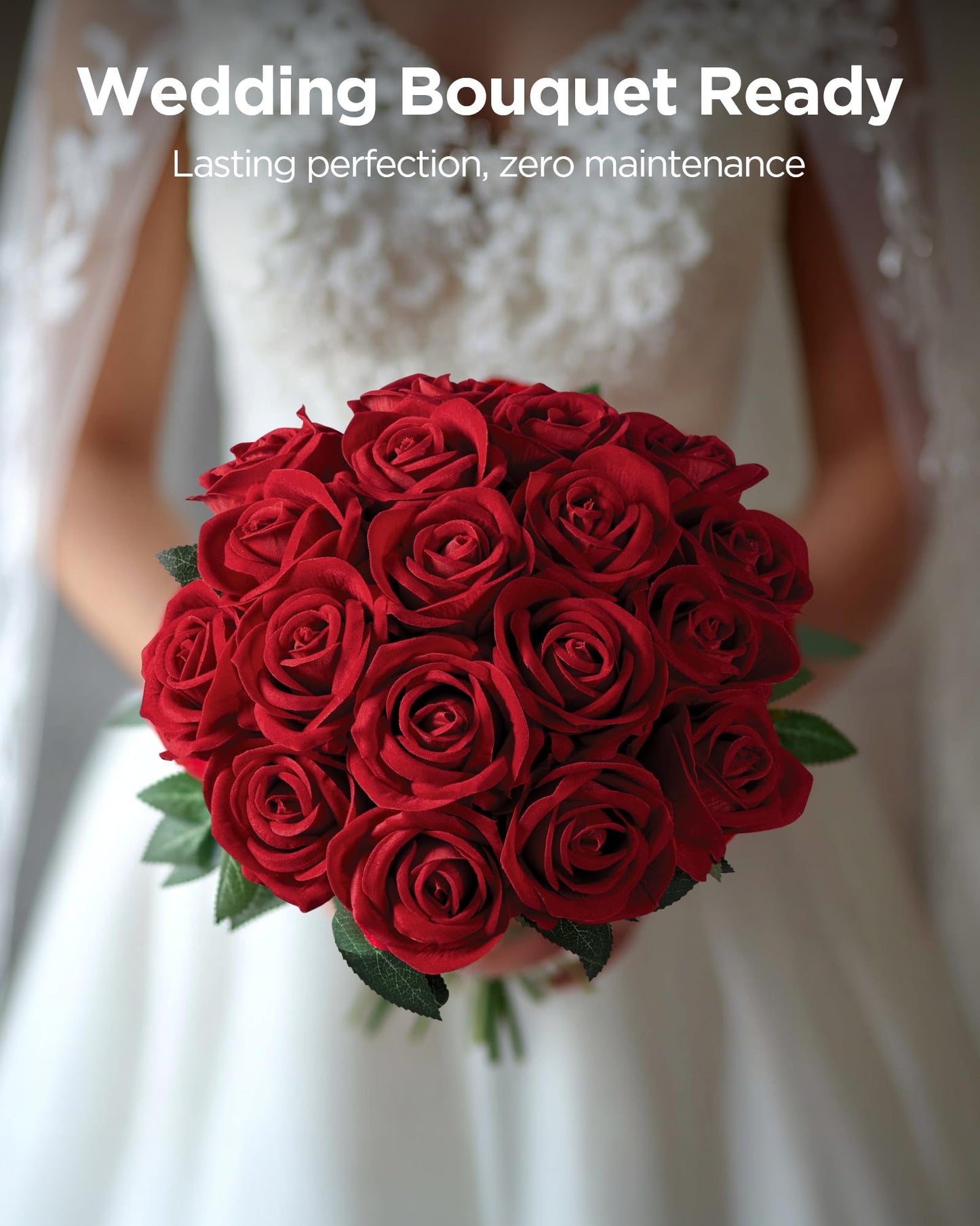 InnoGear 50 Pcs Red Roses Artificial Flowers, Fake Velvet Silk Rose Bulk Faux Flower for Mother's Gift Decoration DIY Wedding Centerpieces Proposal Bridal Bouquets Party Floral Decor (50, Red)
