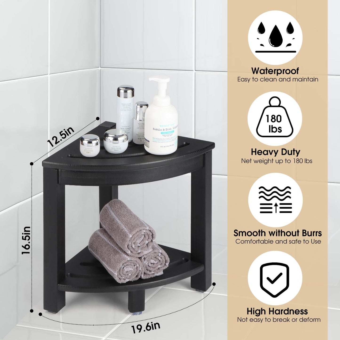 Apolimi HDPE Corner Shower Stool,Shower Bench Seat with Storage Shelf for Shaving Legs Plastic Spa Bath Step Foot Rest for Bathroom Small Place (Black)
