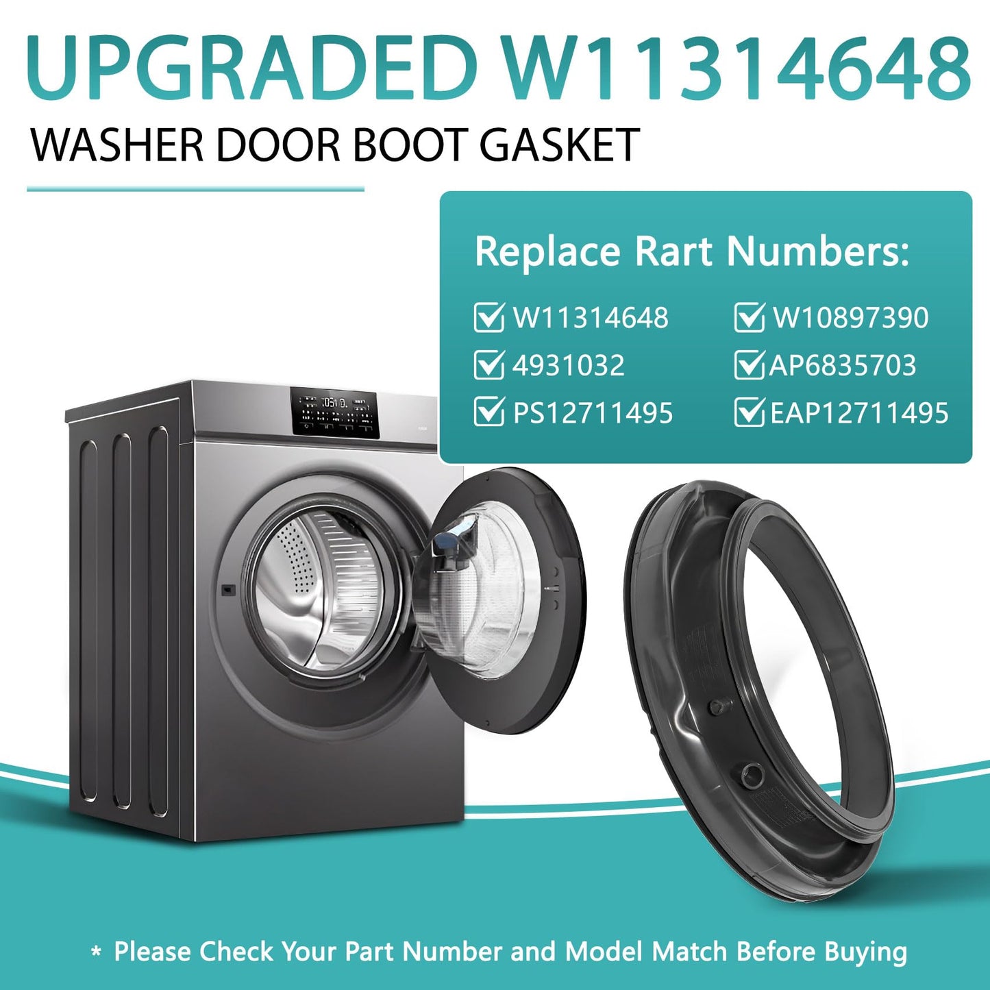 Upgraded W11314648 Washer Door Boot Seal Compatible with Maytag Inglis Amana Whirlpool Washer Replaces W10897390 4931032 AP6835703 PS12711495 EAP12711495 Washer Door Boot Gasket