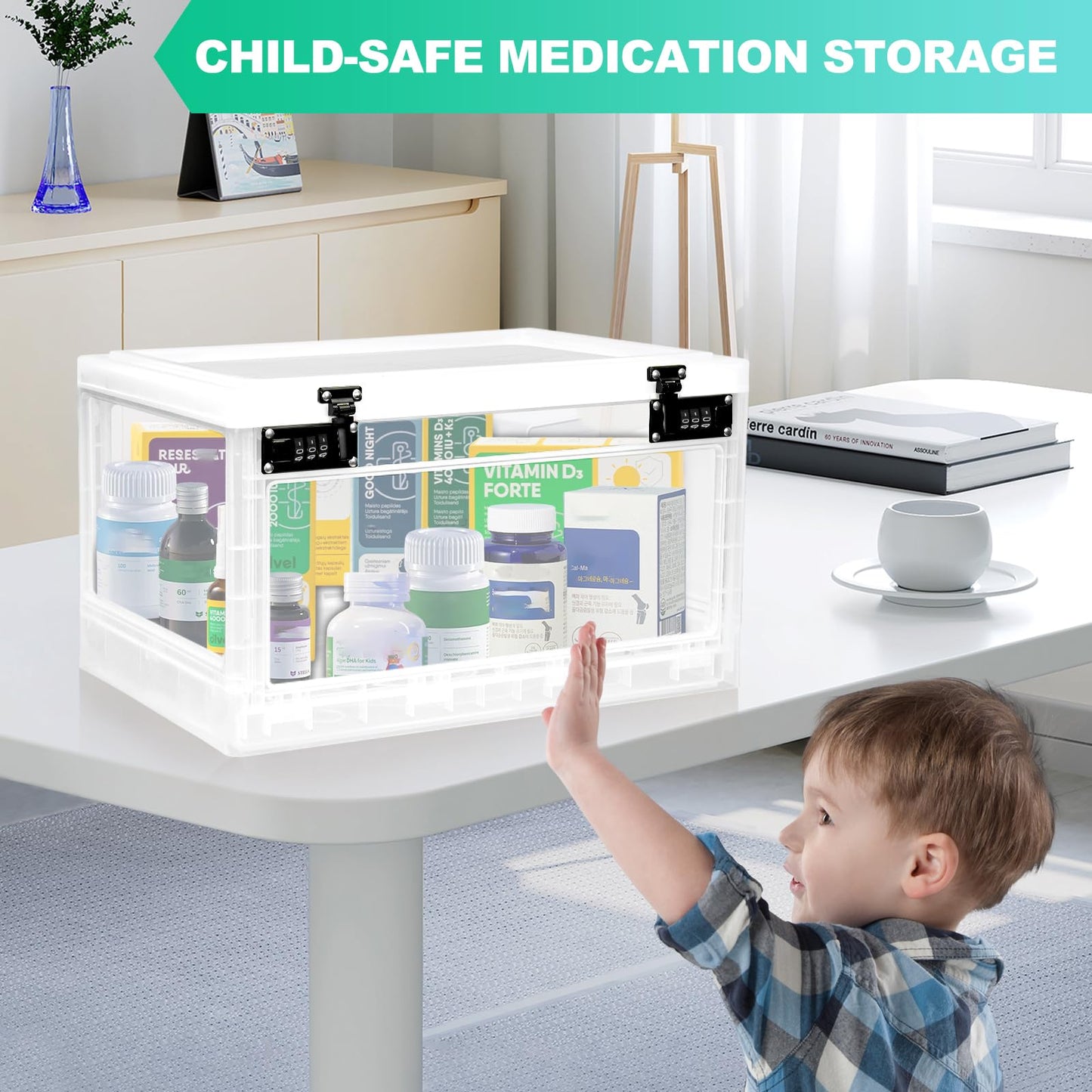Large Medicine Lock Box with Dual 3-Digit Combination Locks, 24L Lockable Storage Box for Medication, Snacks, Phone, and Electronics - BPA-Free Organizer Bin for Home, Office, Fridge, and Safety