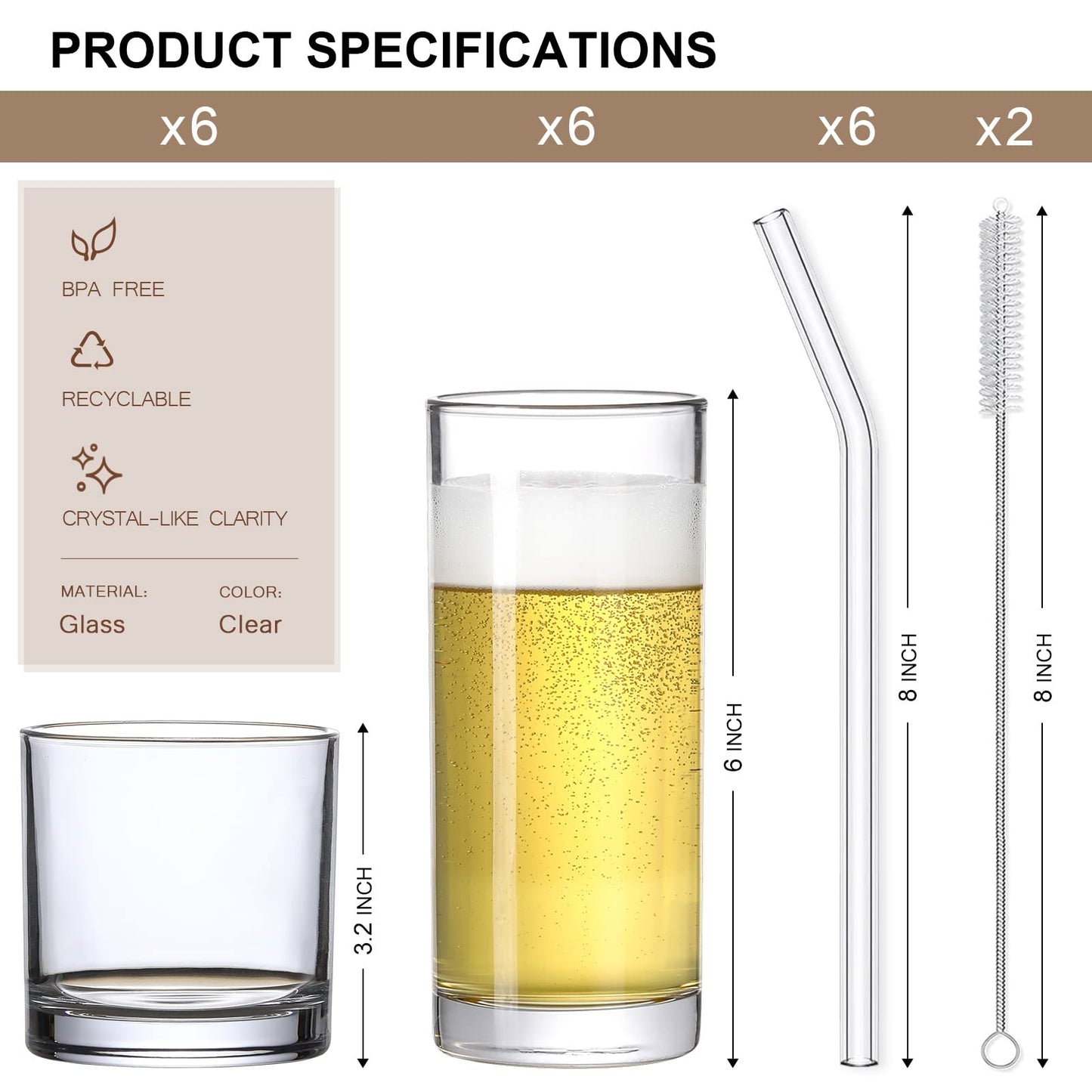 [ 12 Pack ] Glass Cups with Glass Straws, 12oz Highball & Rock Drinking Glasses, Everyday Drinkware Glasses Set, Cute Tumbler Cup, Kitchen Glasses for Iced Coffee, Water, Beer, Cocktail, Whiskey Gift.