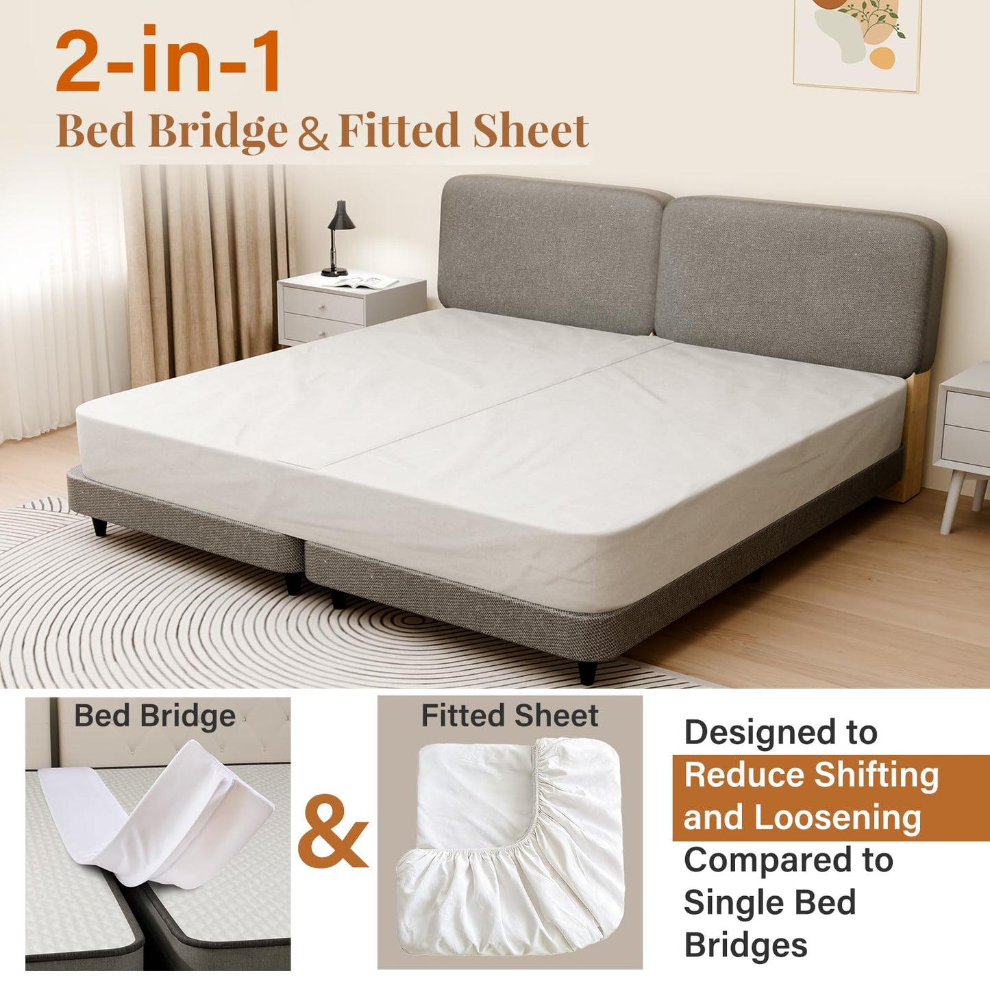 Vekkia 2-in-1 Split King Gap Filler with Built-in Fitted Sheet, Twin to King Converter, Bed Bridge with Washable Cover, Fits Guest Rooms, Hotels & Vacation Rentals, 75"x75"