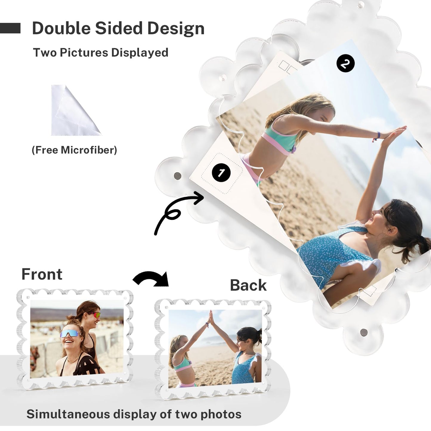 HOUSE DAY Acrylic Picture Frames 5x7 Acrylic Frame, 3 Pack Scalloped Magnetic 5x7 Picture Frame, Double Sided Clear 5 x 7 Photo Frame, Frameless FreeStanding 5 x 7 Picture Frames Gift for Desktop Display
