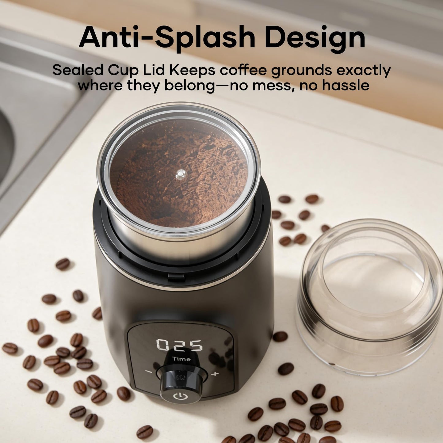 Spacefrog Coffee Bean Grinder Electric with Adjustable Coarse to Fine Smart Digital Timer, Low Noise, Sealed Safety Lid, 1x Removable Stainless Steel Cup & Anti-Vibration Base for Bean, Spices, Herbs