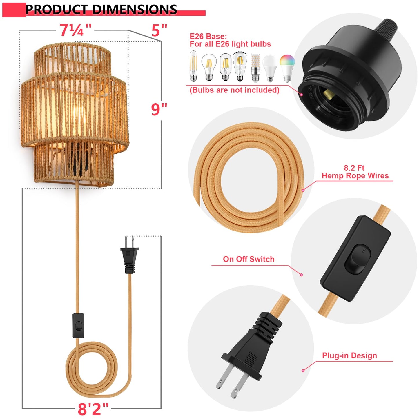 AKEETO Plug-in Wall Sconces Set of 2, Handwoven Bohemian Wall Decor with Switch, Wall Lights Fixtures for Bedroom Living Room Hallway Porch