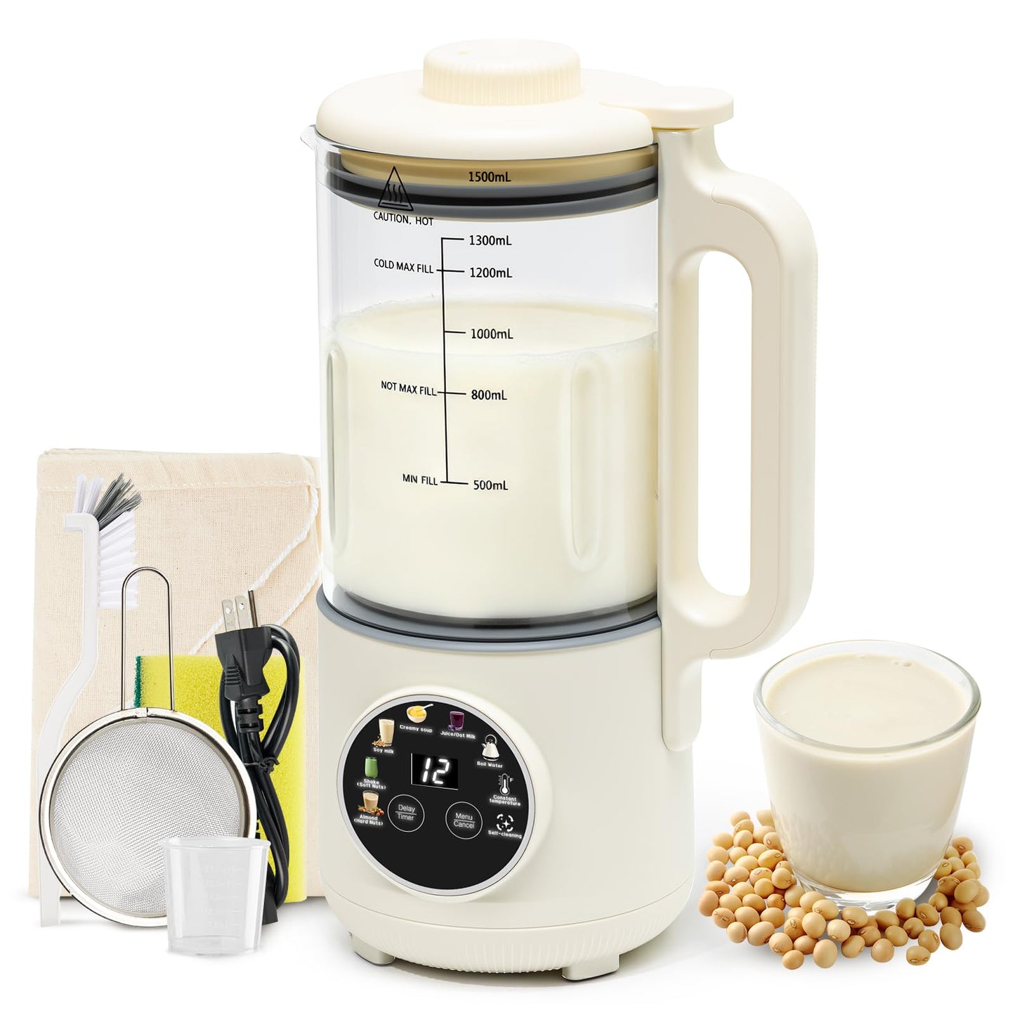 8-in-1 Nut Milk Maker, 50oz Glass Soy Almond Oat Milk Machine with 20-Blades, Delay Start, Constant Temperature, Self-Cleaning, Overheat Protection, Recipe Included