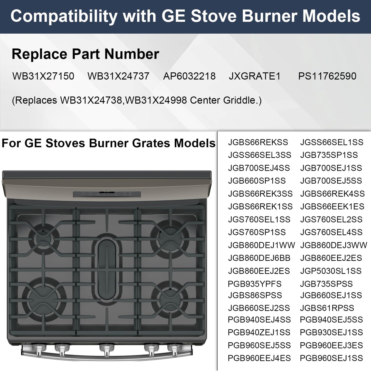 Criditpid WB31X27150 Center Grate Replacement Parts for GE Stoves, WB31X24737 General Electric Gas Range Burner Grate Replaces for JGBS66REKSS JGSS66SEL3SS JGB700SEJ4SS Center Griddle.
