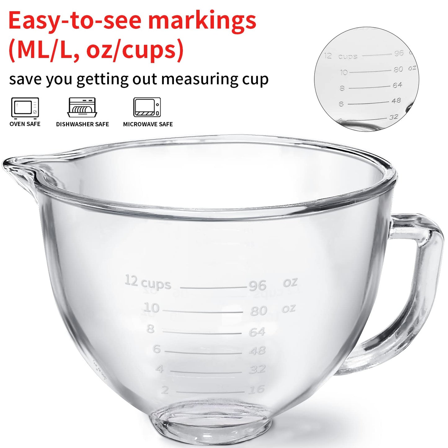 Kltchonald Tilt-Head Stand Mixer Glass Bowl, 5 QT,Compatible with Kitchenaid Artisan 5KSM125, 5KSM150, 5KSM175, 5KSM7580, KSM150, RRK150,K45, K45SS, KSM75, KSM90, KSM95,Classic without Lid