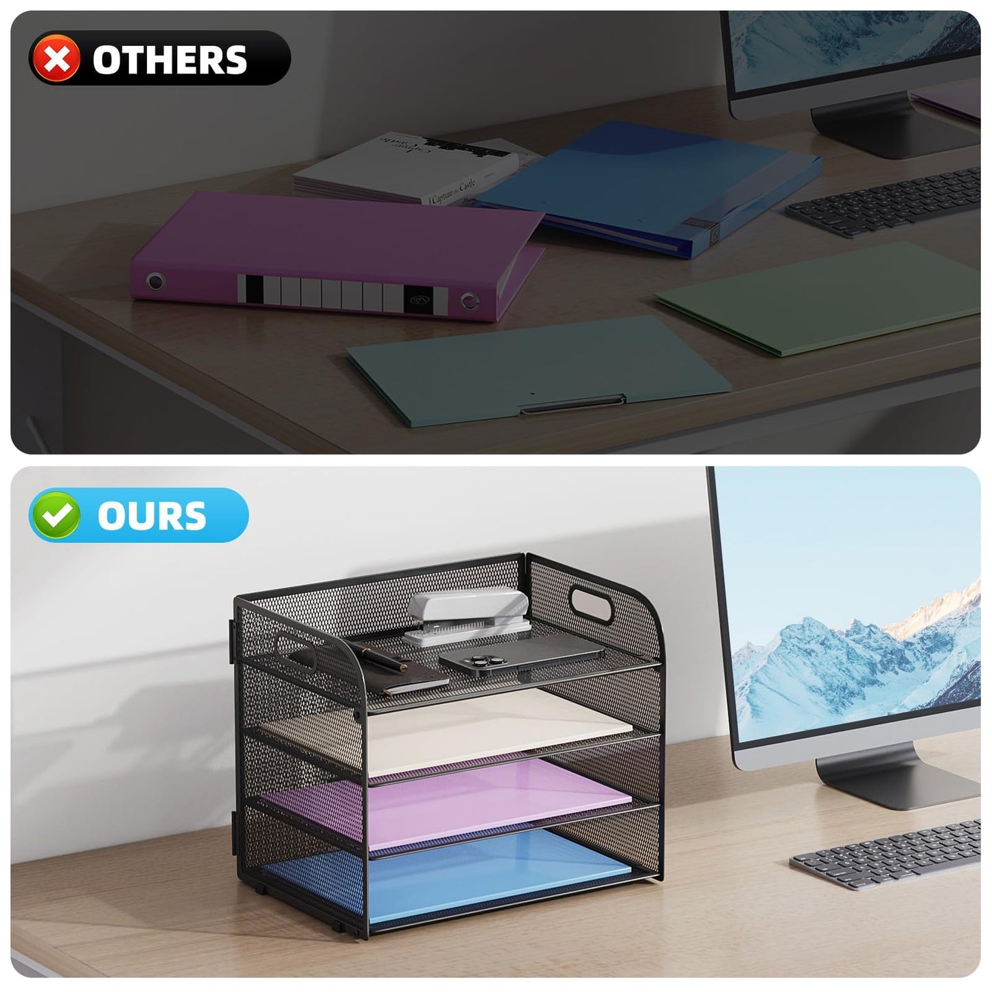 Marbrasse 2 Pack 4 Tier Paper Organizer Letter Tray - Mesh Desk File Organizer with Handle, Paper Sorter Organizer for Letter/A4 Office File Folder Holder (Black, 12.6" x 9.1" x 10.7")