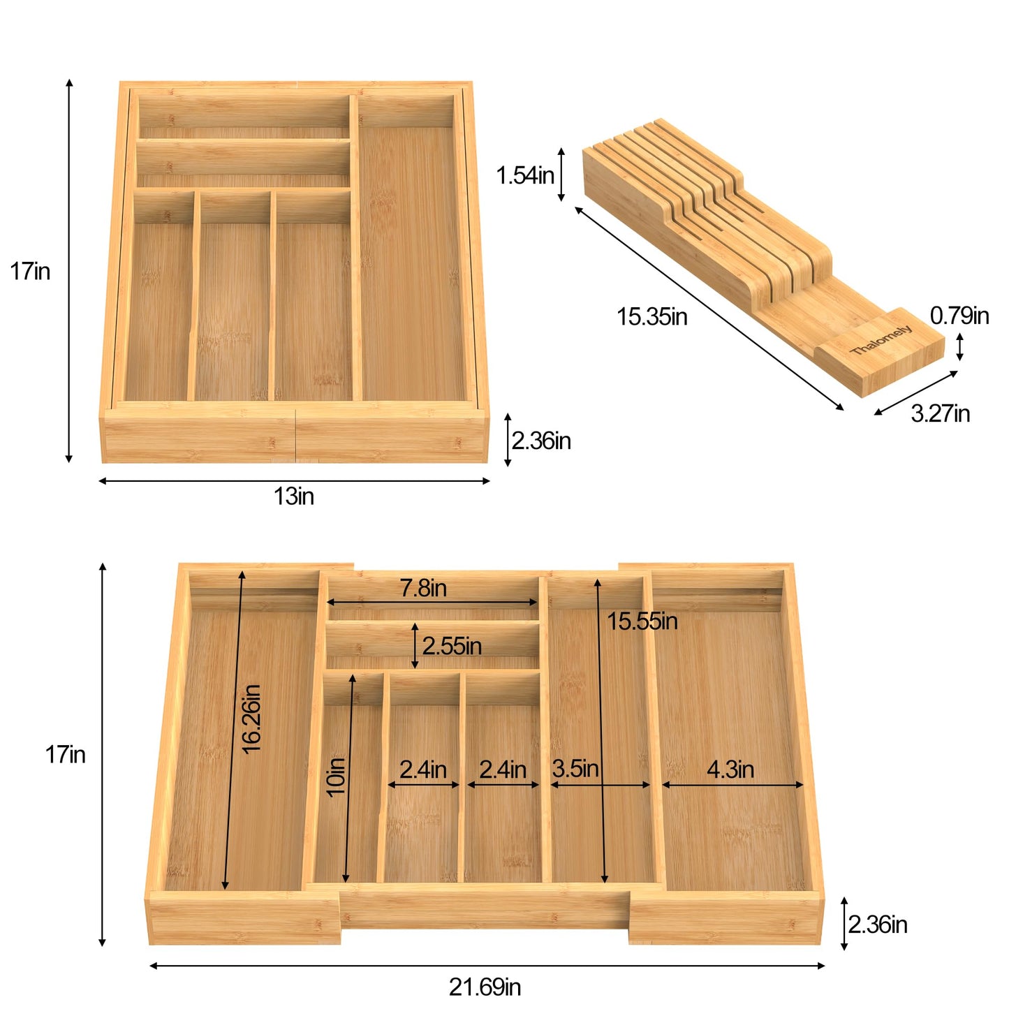 Thalomely Bamboo Kitchen Drawer Organizer, Expandable Silverware Organizer with Removable Knife Block, 6-8 Slots- Utensil Holder & Cutlery Tray Drawer Dividers, 2.36" Deep for Extra Capacity, Natural