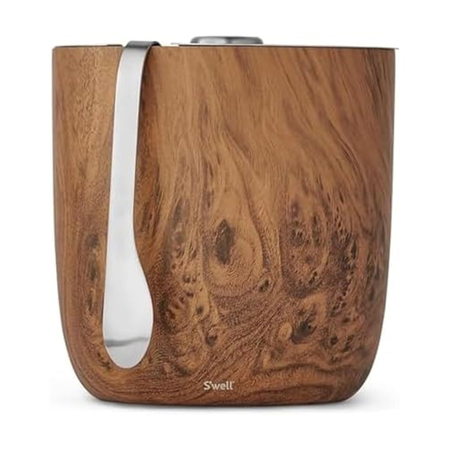 S’well Stainless Steel Ice Bucket with Tongs, 68oz Capacity, Teakwood Pattern Finish, Triple-Layer Vacuum Insulated to Keep Ice Colder Longer, BPA-Free Barware