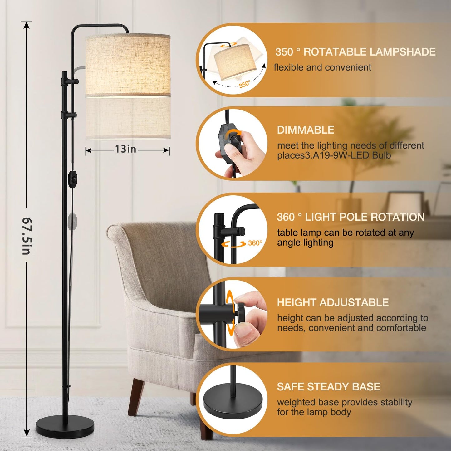GyroVu Floor Lamp for Living Room, Adjustable Height Standing Lamps with 350° Rotate Beige Lampshade, 67.5-Inch Modern Tall Lamp Dimmable Floor Lamps for Corner Bedroom Home Office (Bulb Included)