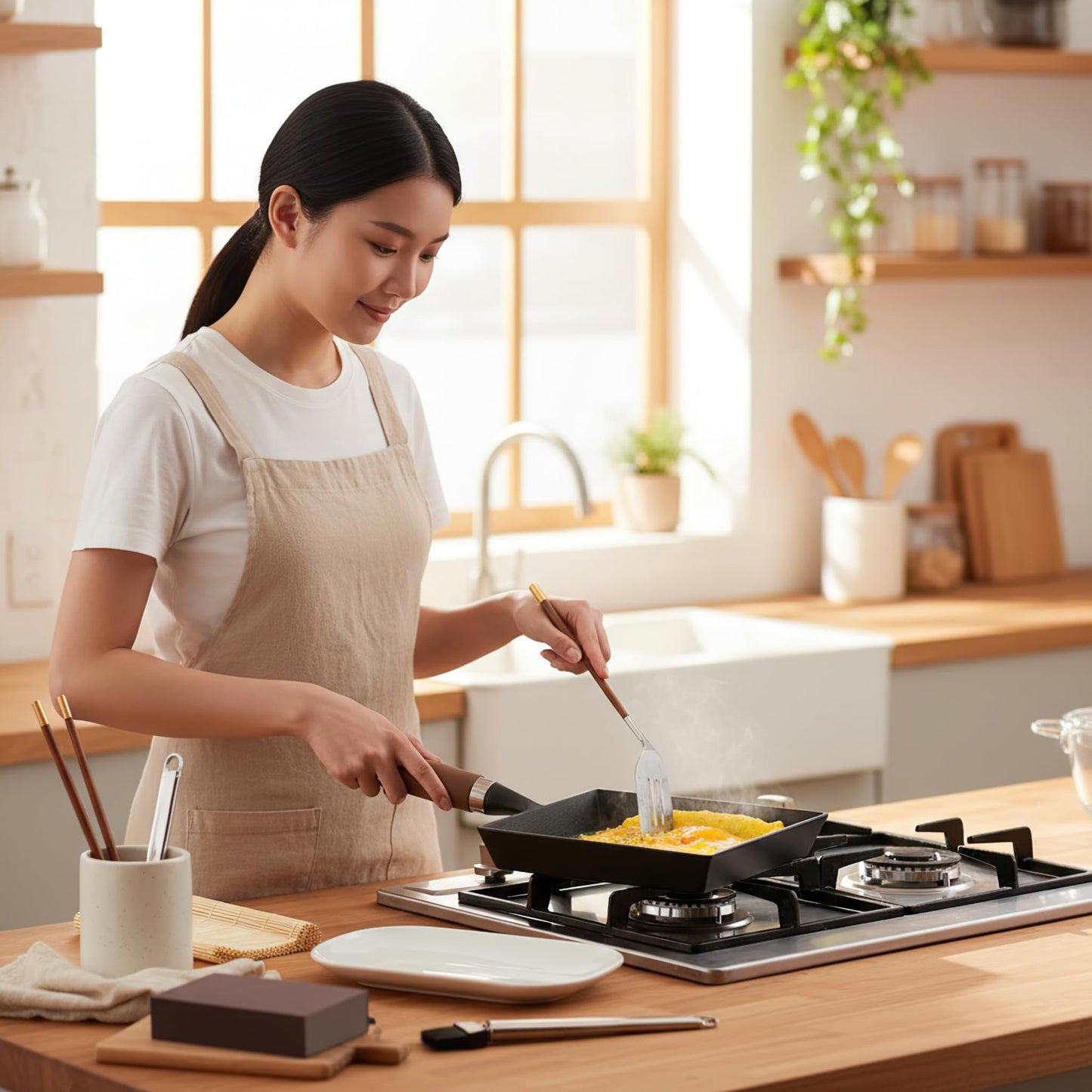 Japanese Cast Iron Tamagoyaki Pan - Pre-Seasoned, Liquid Nitrogen Treated, Non-Rust, Ready to Use, Detachable Wood Handle, Oven Safe, for Omelets, Steak & Camping, Chemical-Free Non-Stick,9x7 Inch