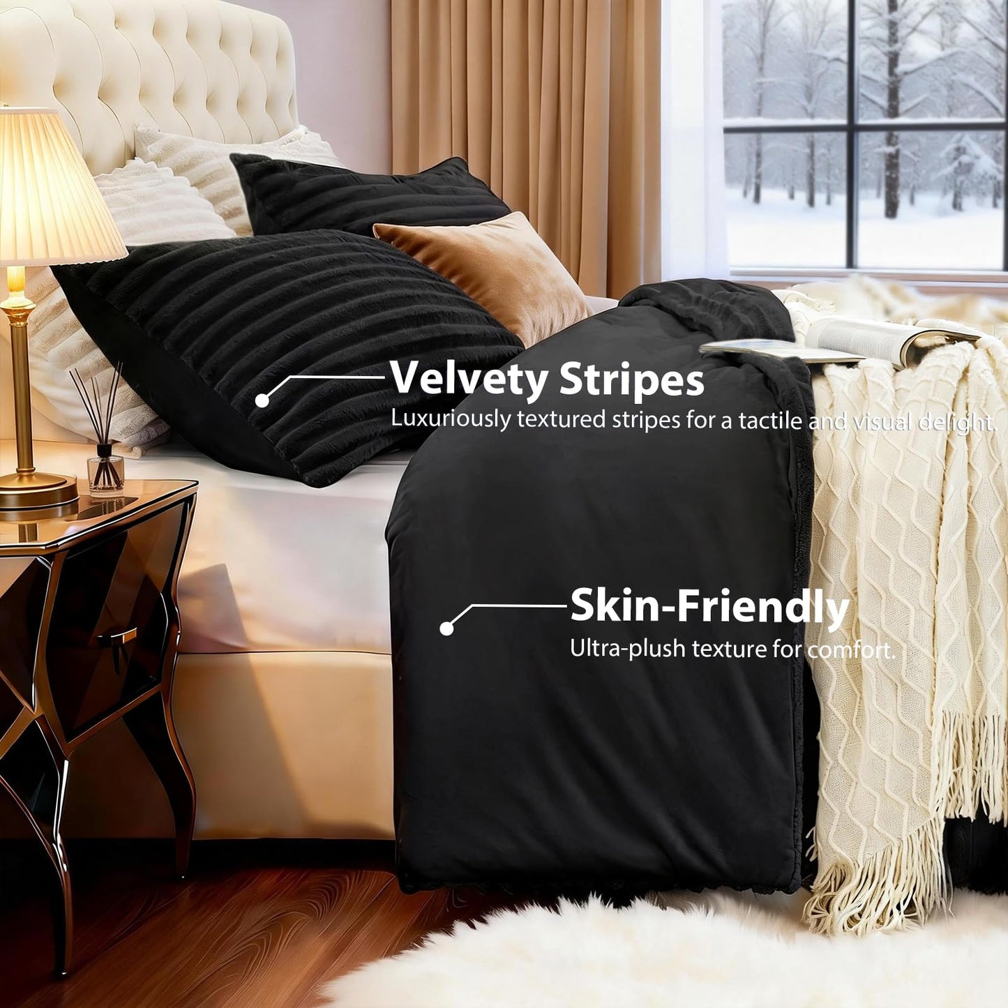EXQ Home Fluffy Comforter Set King Size - Super Soft Faux Fur Stripe Jacquard Comforter 3 Pieces, Black Fleece Bedding Set,Winter Warm Bed Set,1 Comforter with 2 Pillowcases