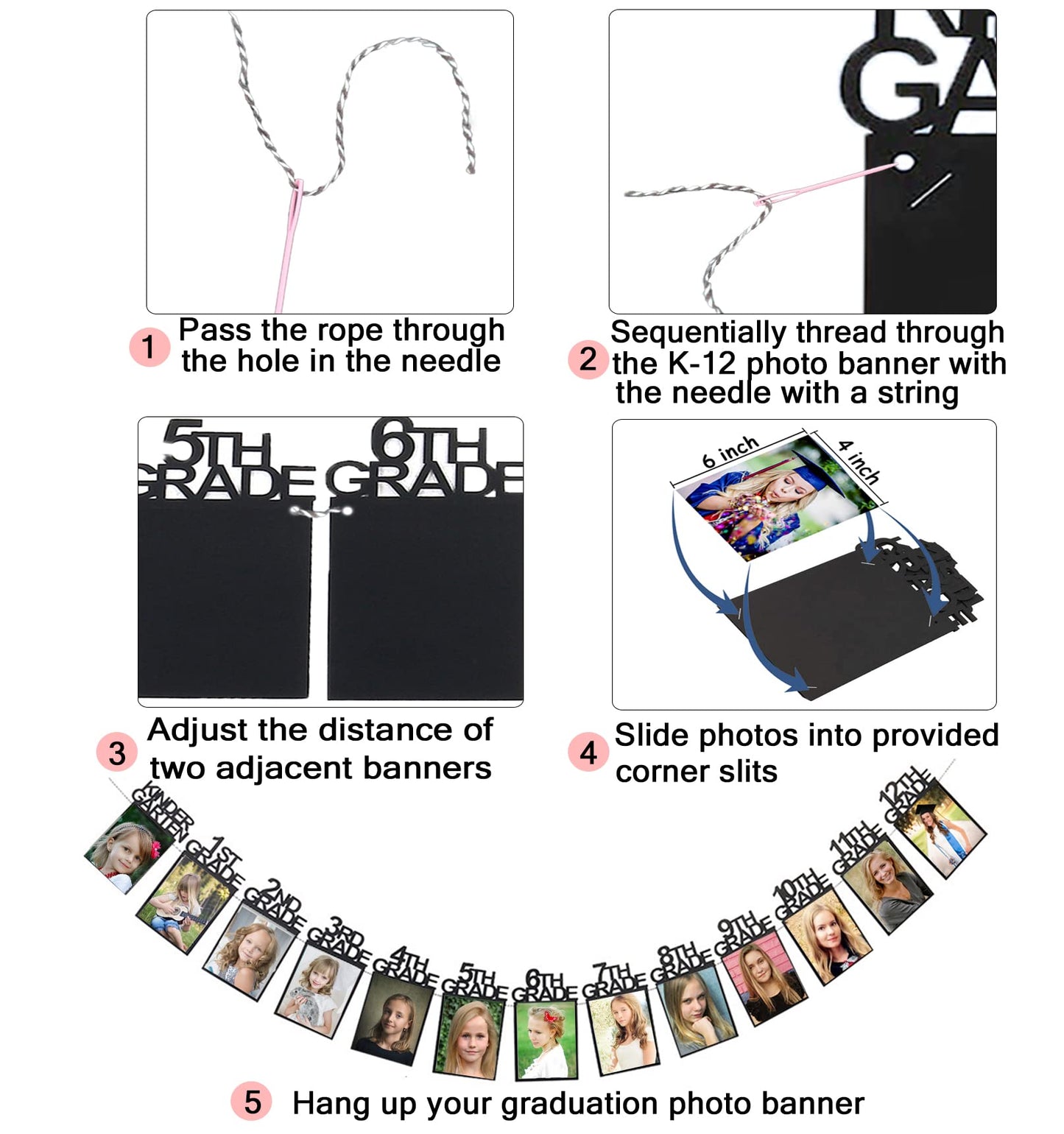 Graduation Photo Banner for 2026 2027 Party Decorations, Kindergarten to 12th Grade Picture Banner, Middle School, High School College Graduation Party Supplies Black 4X6 Inch SG063BK
