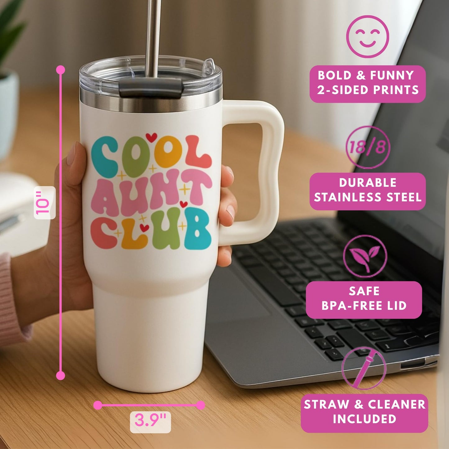 Cool Aunt Club Coffee Tumbler 40Oz, Best Aunt Gifts from Niece Nephew for Birthday, Mothers Day, Presents for First Time & Best Auntie Ever, New Aunty Cup with Handle Straw, Funny Drinking Mug Ideas