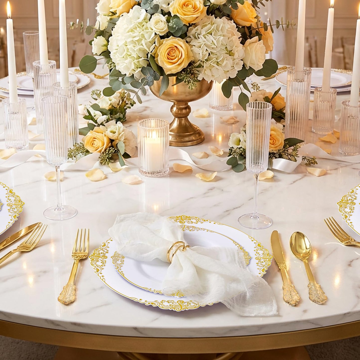 Joyido 200PCS White and Gold Plastic Plates - Gold Disposable Plates - Gorgeous Wedding Plate 10inch Dinner & 7.25inch Dessert Plate for 100 Guests for Wedding & Party