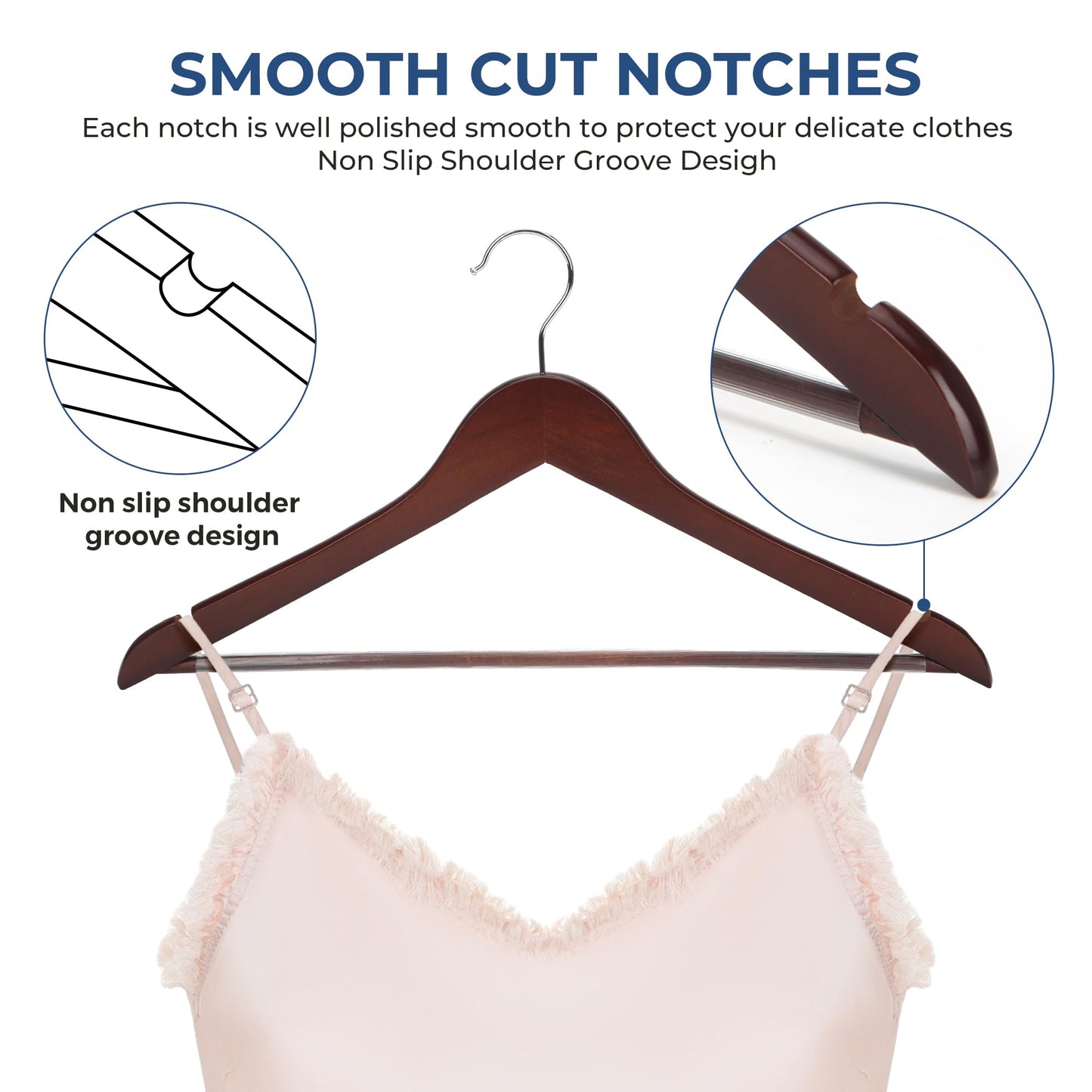 JS HANGER Wooden Coat Hangers, 20 Pack High Grade 17.5 Inch Wood Suit Hangers with Non Slip Pant Bar - Extra Smooth and Splinter Free Walnut Finish Wooden Suit Hangers for Closet Organization