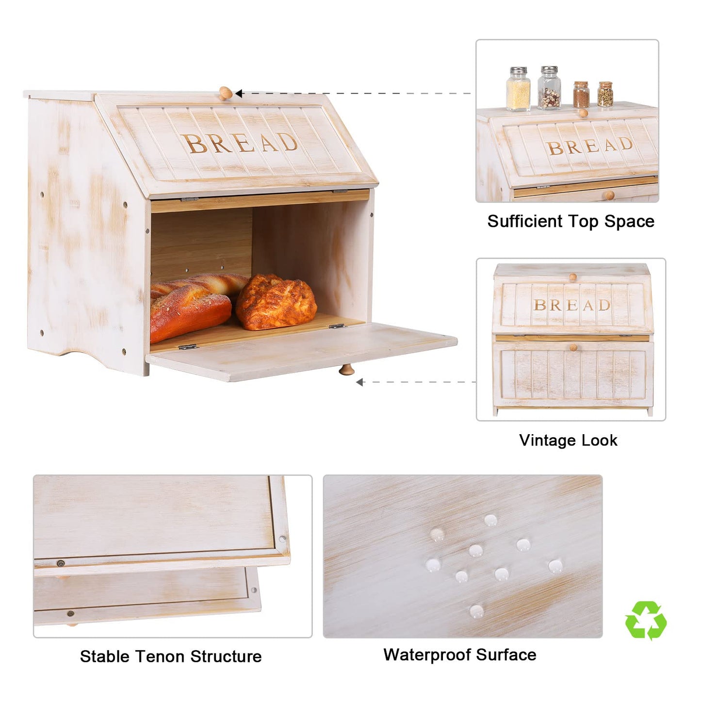 HOMEKOKO Vintage Double Layer Large Bread Box for Kitchen Counter, Retro Design Wooden Large Capacity Bread Storage Bin (White)