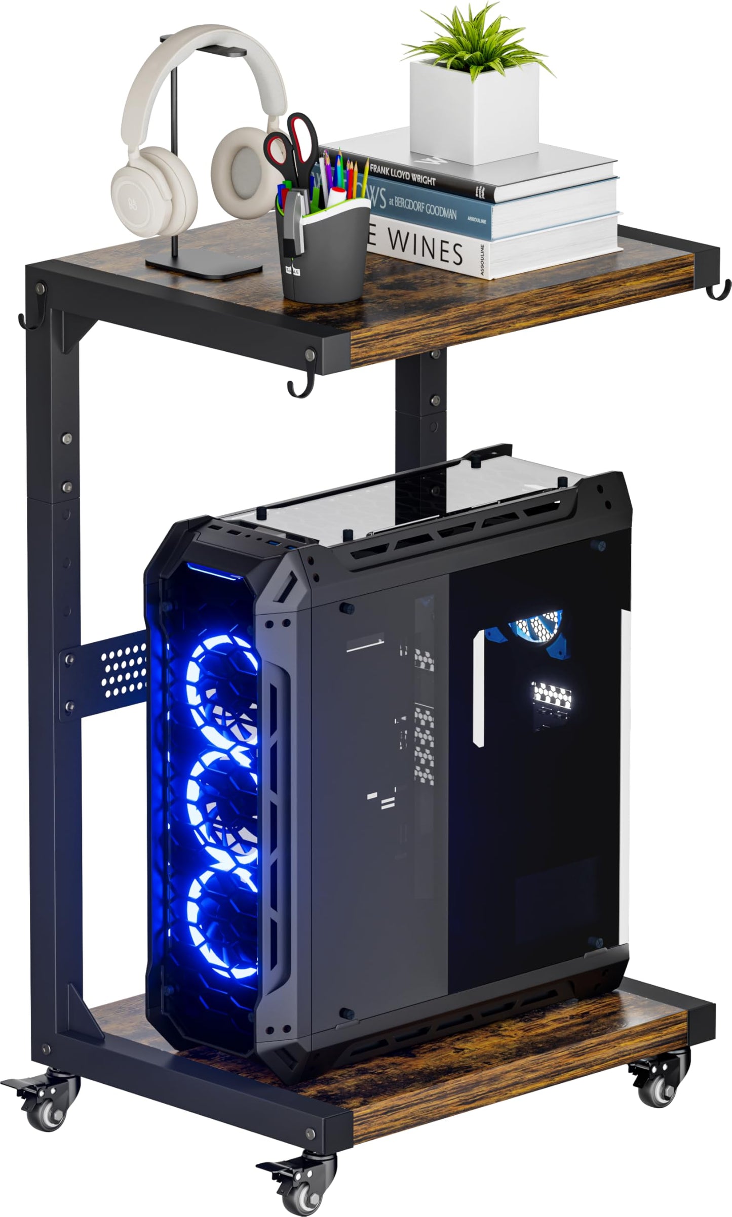 Ansionsol Computer Tower Stand, 2-Tier Metal CPU Holder Stand with Lockable Wheels, Adjustable Under Desk PC Shelf, Mobile Rolling Computer Cart for Home, Office, Gamers and Students, Black