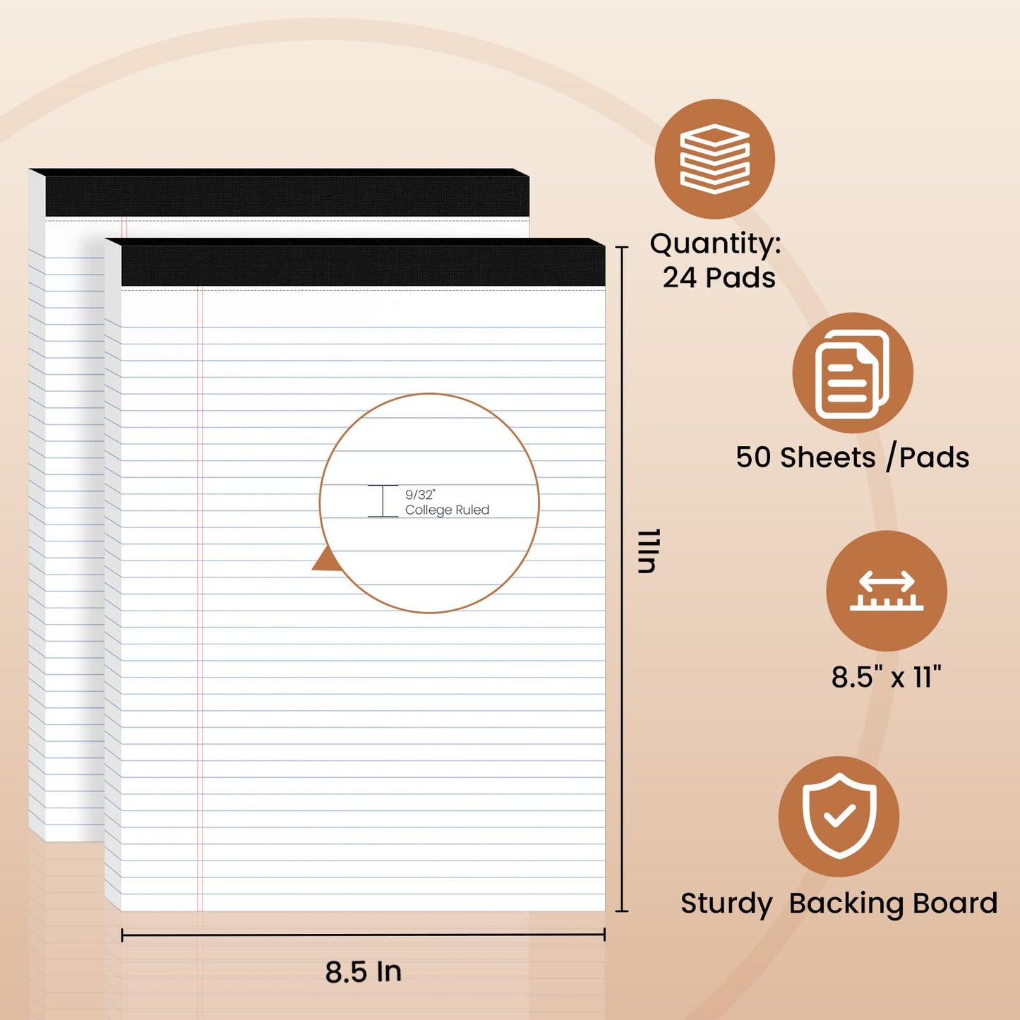 24Packs Legal Pads 8.5 x 11 Inch, 50Sheets/Pack, College Ruled & Perforated White Writing Pads, Pads of Paper 8.5 x 11, Lined Note Pads with Sturdy Backing for Office, Business & School Supplies