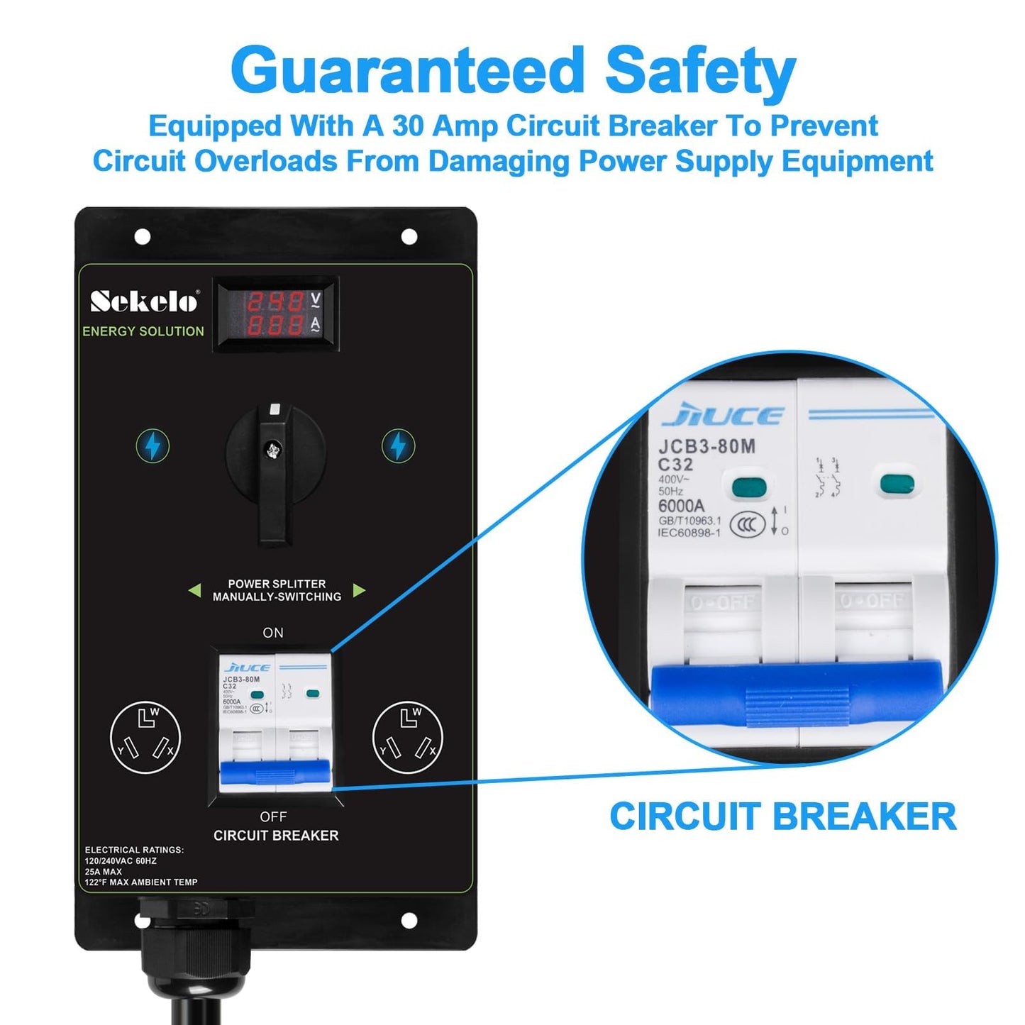 Manual EV Charging Switch for Dryer & EV, NEMA 10-30, 240V, 24A 5.76kW Max Power Splitter, with a Safety Breaker Switch, Hand-Operated Selector, Plug and Play