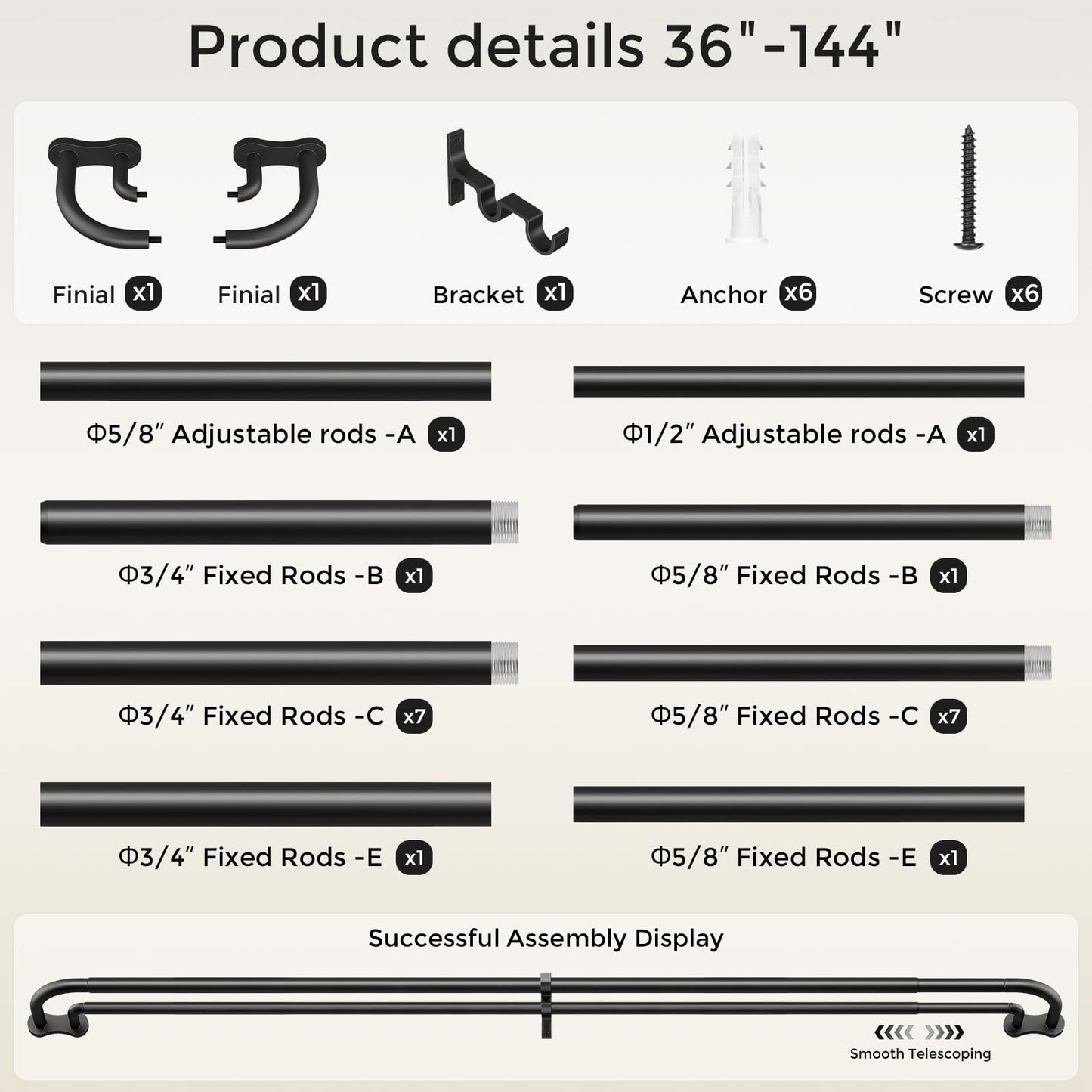 Black Extra Long Double Curtain Rod 34-156 Inch, Wrap Around Blackout Dual Curtain Rods for Windows, Adjustable Heavy Duty Spliced Room Darkening Double Rods, All Metal, Aluminium Bracket