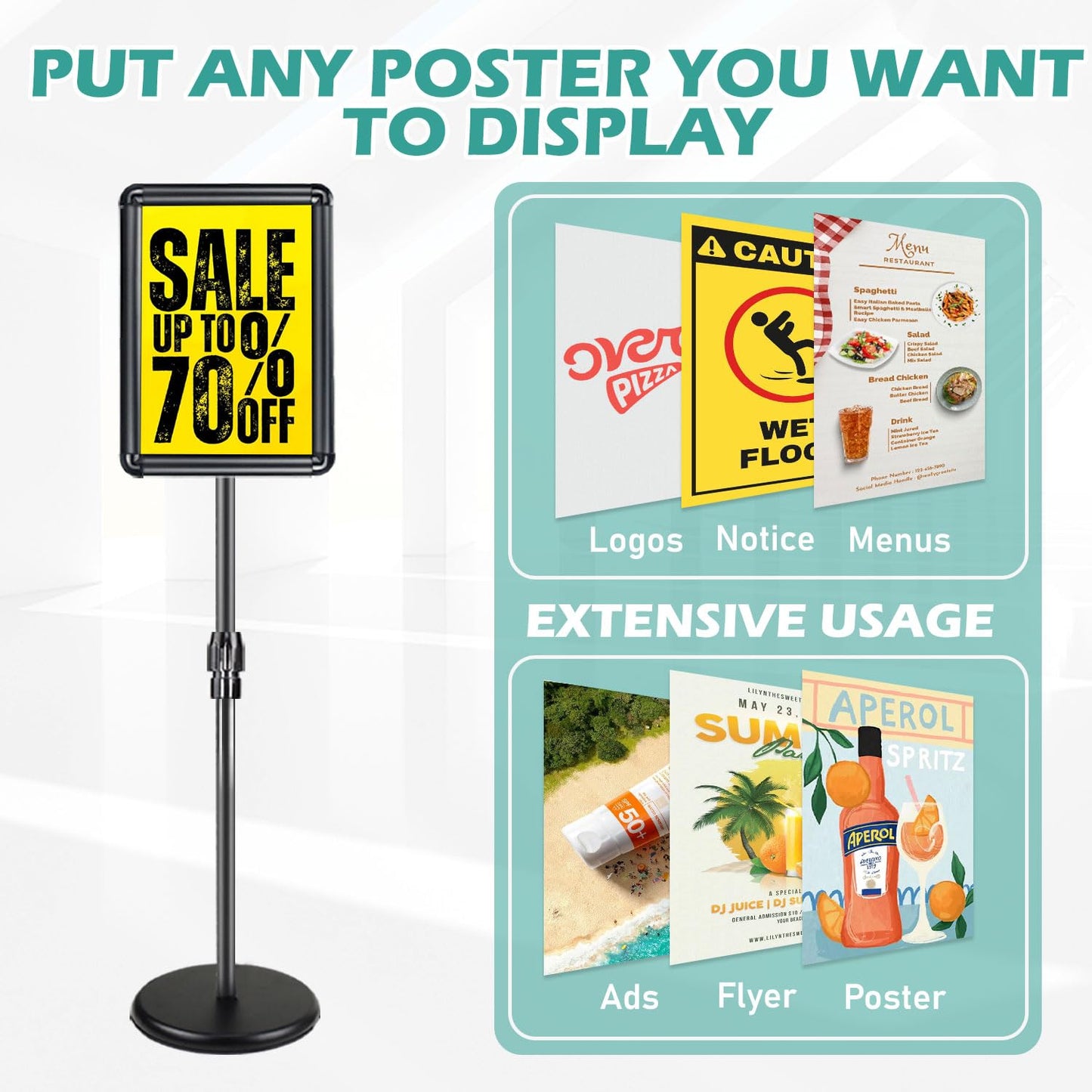Sign Holder Stand with Rounded Safety Corners, Adjustable 31" to 52" Sign Stand Heavy Duty Floor Standing Poster Holder, Water/Sand Fillable Base for Storefront & Indoor Use, Anti-Glare Display for Signs (Black, 8.5*11 - 1 Pack)