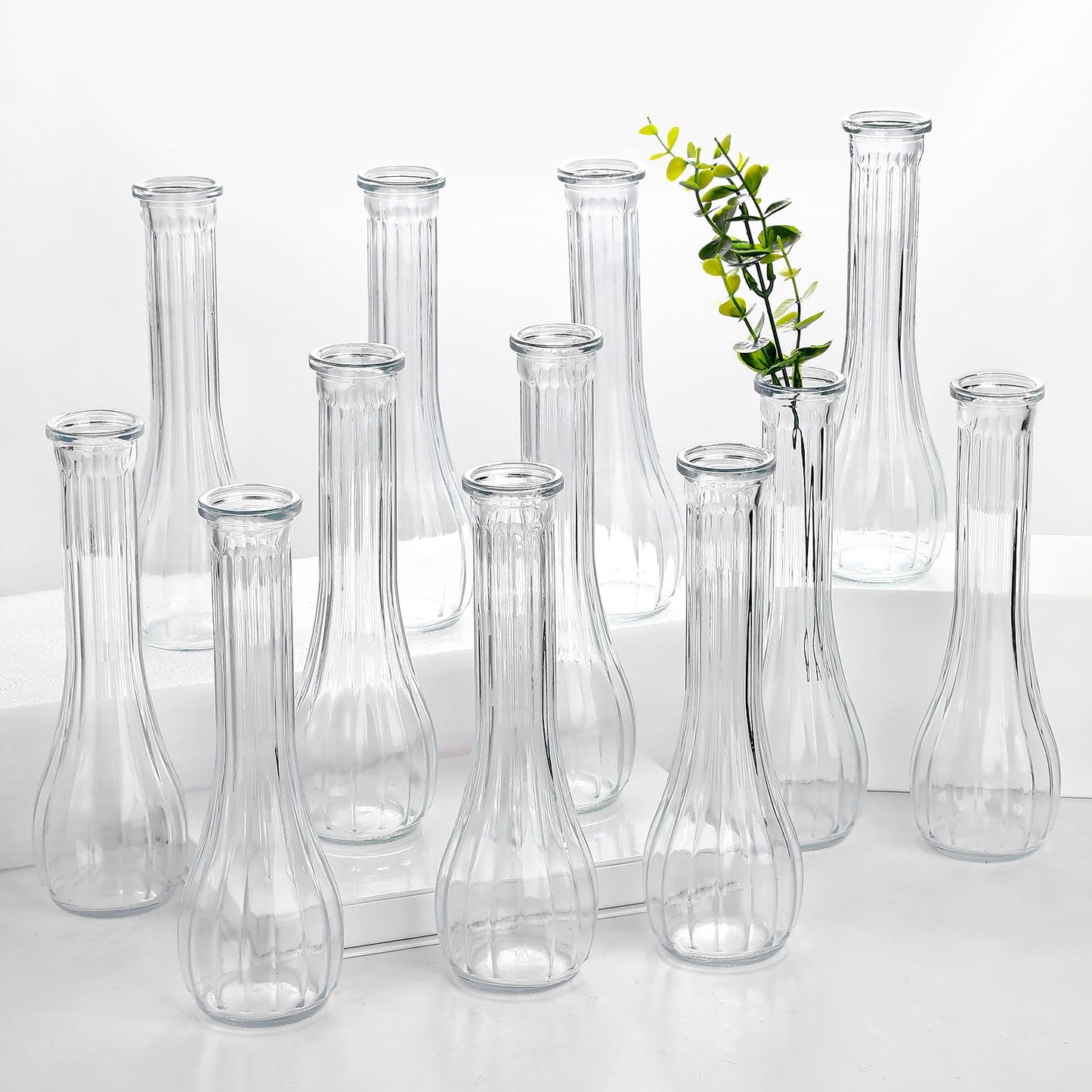 Glass Bud Vases for Centerpiece,12 Pcs Small Clear Ribbed Flower Vases for Weddings, Parties, Home Decor (8.5" Tall, Bulk Set) - Minimalist Table Vase for Roses, Pampas Grass, DIY Arrangements