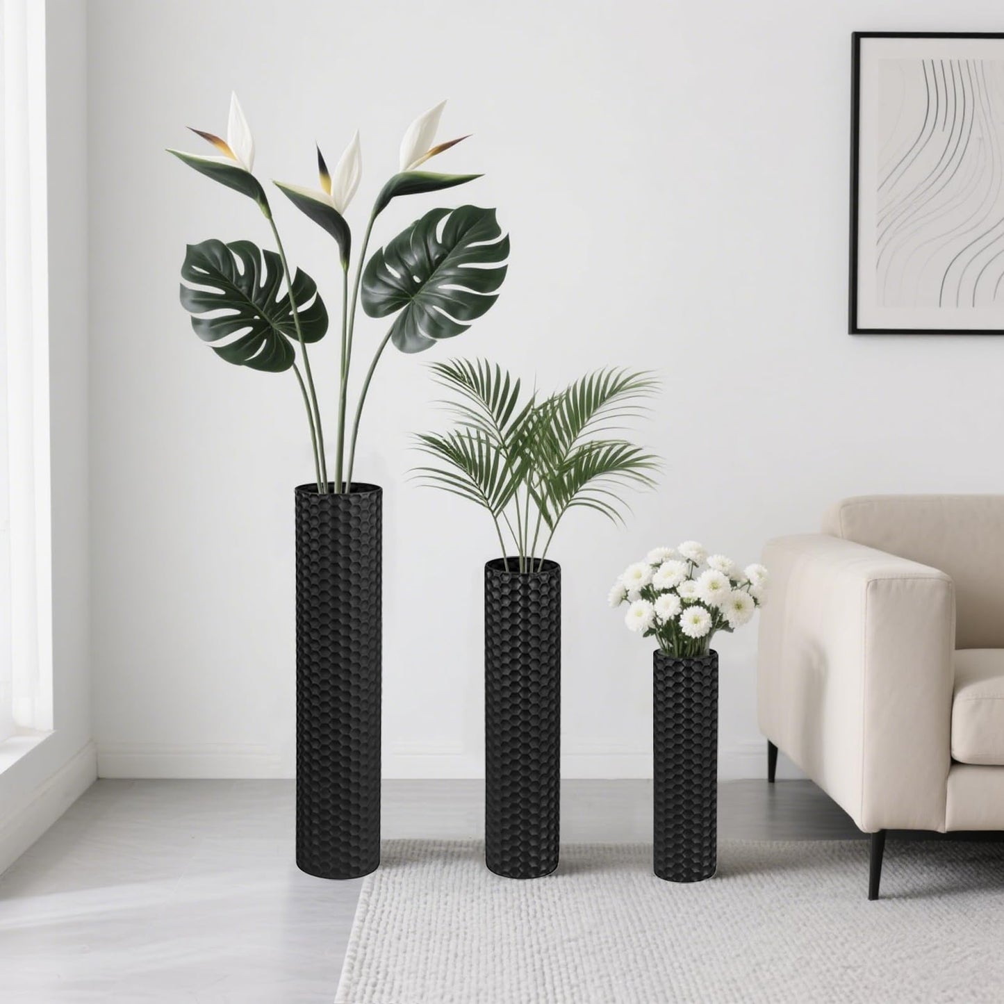 NOLIPED Black Tall Floor Vase - Set of 3 Extra Large Metal Decorative Vases for Living Room, 27.6" Long Modern Honeycomb Texture Big Cylinder Standing Corner Decor for Home Dining Bedroom Pampas Grass