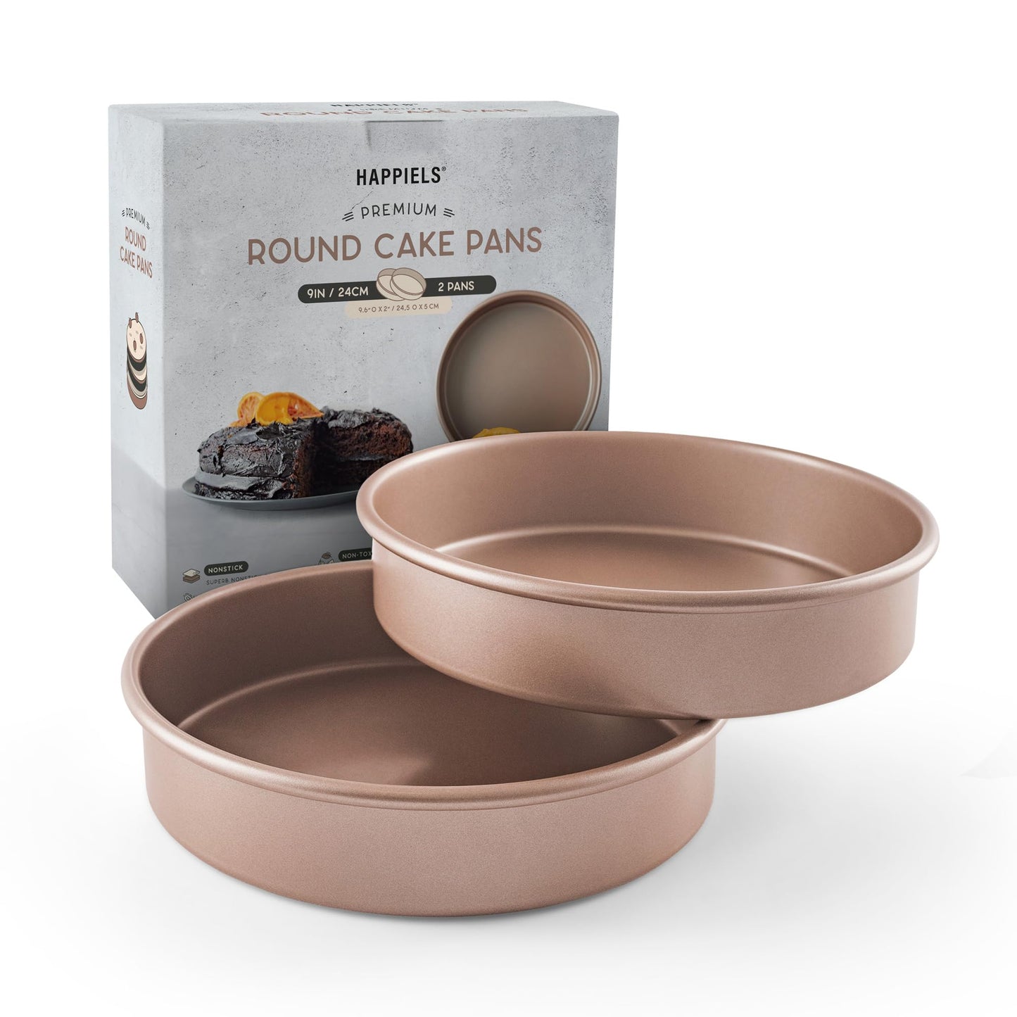HAPPIELS Non Toxic Nonstick 9 inch Round Cake Pans Set of 2 | Quality Non Stick 9 inches Layer Circle Cake Pan 2 inches Deep | Best 9in Baking Pan PFOA, BPA free Nontoxic | 9inch 9inches Cake Pans Set