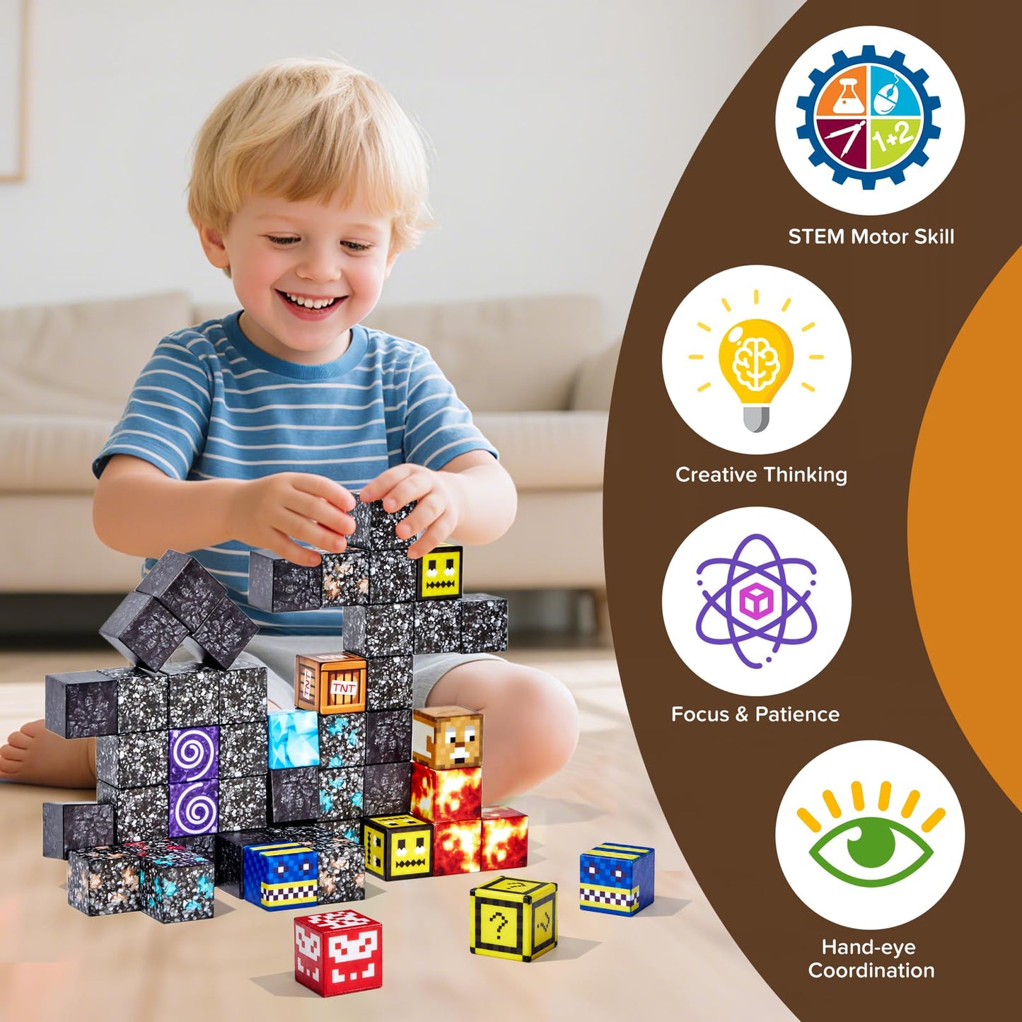 Magnetic Blocks, 150-Piece Magnetic Building Blocks, Volcano Theme 1-Inch Montessori STEM Stacking Magnet Blocks for Boys Girls Ages 3+, Educational Sensory Toys for Kids Christmas Birthday Gifts