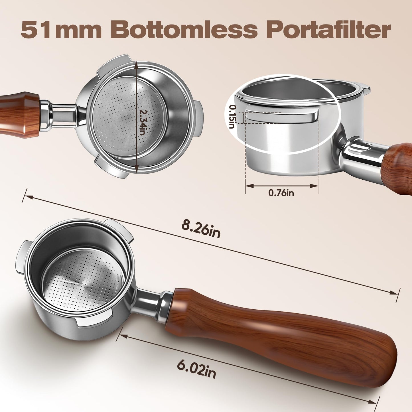 Bottomless Portafilter 51mm Compatible with CASABREWS CM5418, 5418Pro & 3700Essential - Stainless Steel 3-Ear Portafilter with Puck Screen & Filter Basket