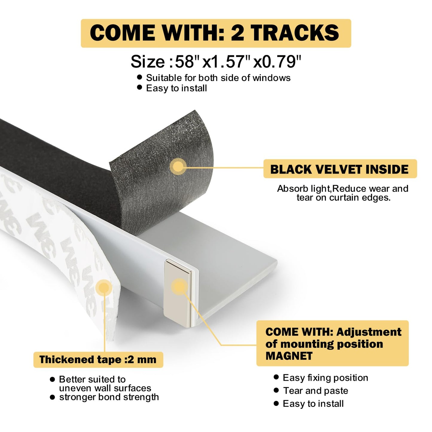 Blackout PVC Light Blocking Strips for Window Shades and Blinds - Blocks Light Along The Sides of Blackout Blinds,Side Tracks for Cordless Shades, Light Blocking Strips for Bedroom (White, 58",2Pcs)