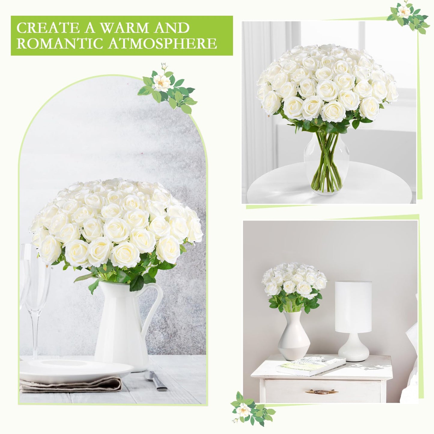 Hananona Artificial Roses in Bulk, Fake Velvet Silk Roses Realistic Rose for Wedding Centerpieces Flower Arrangement Home Decor (50, White)