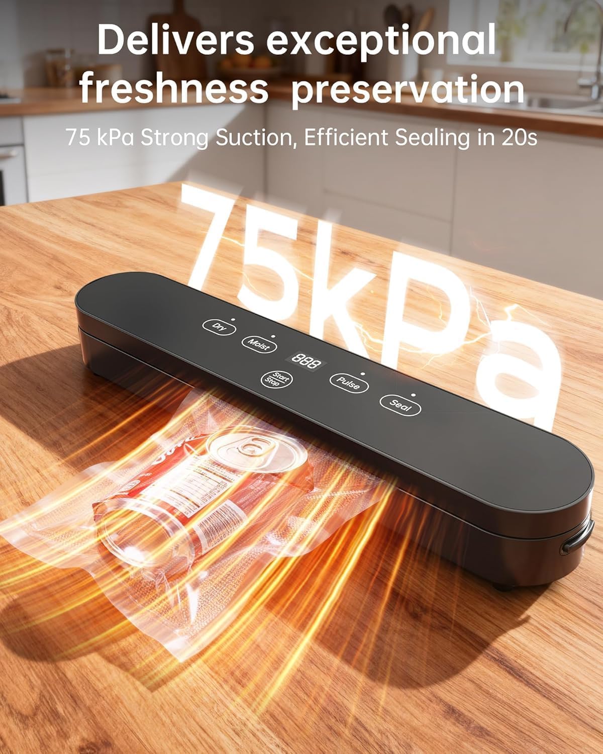 75kPa Vacuum Sealer Machine, Compact Vacuum Sealer for Food, 4-in-1 Food Sealer, Digital Timer, Moist/Dry, Pulse, Seal Modes, with 20 Vacuum Bags, Black